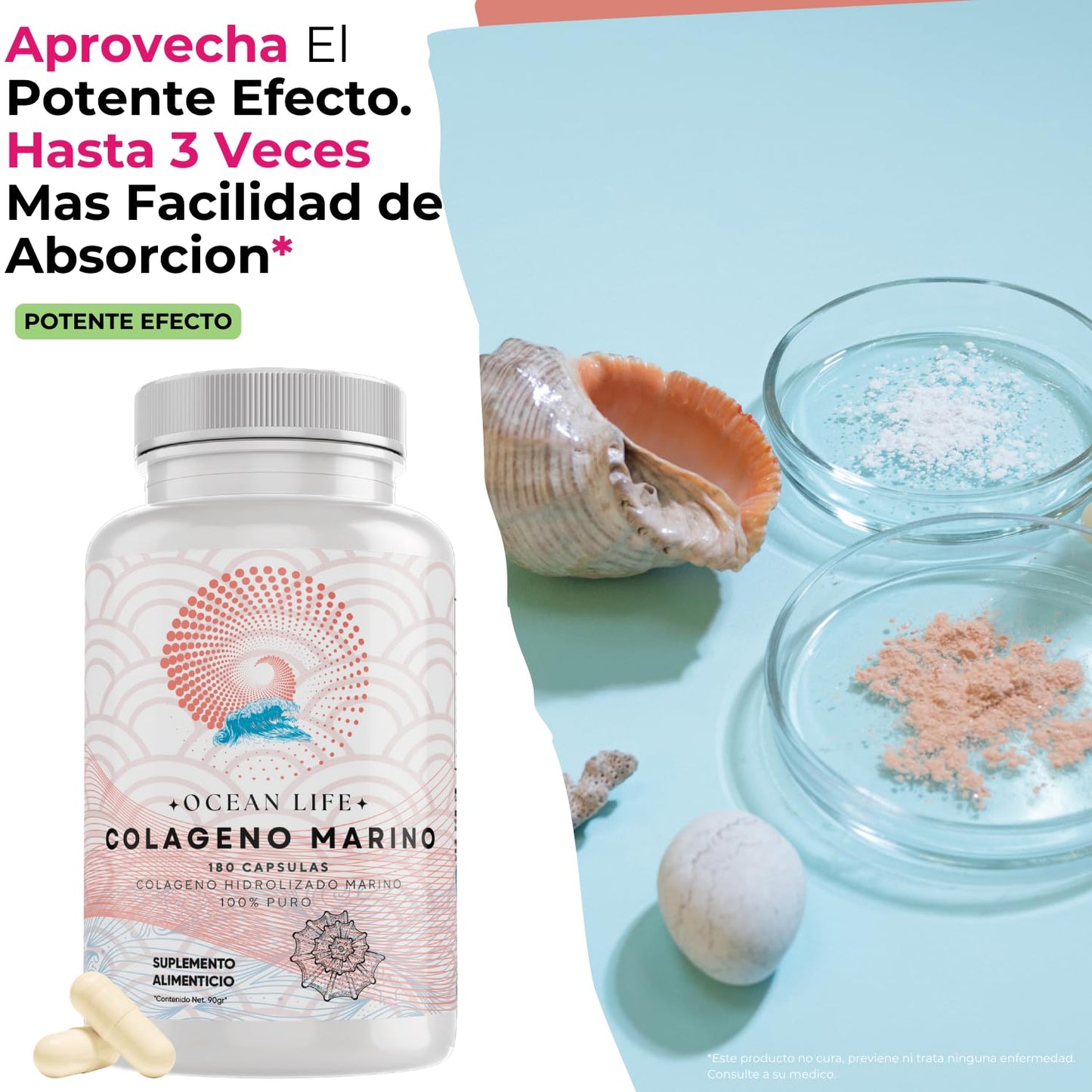 Colageno Marino Hidrolizado 100% Puro [Extremadamente Eficaz] 180 Capsulas 500mg (Potente Efecto Hidratante y Revitalizante) - Alta Absorcion - Eficaz Formulacion - OceanLife