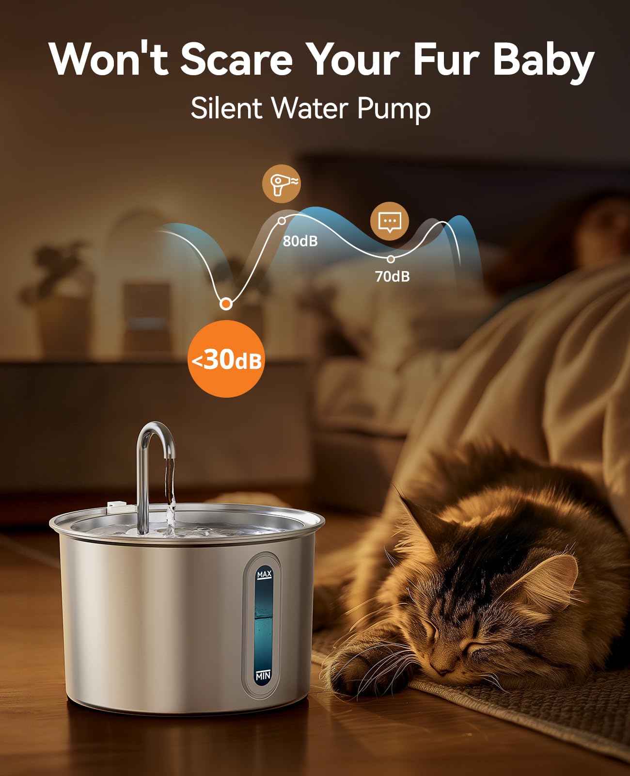 Fuente de Agua de Acero Inoxidable Oneisall Plata con Luz LED para Mascotas de 2 Litros
