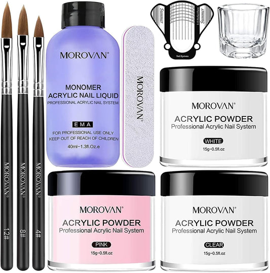 Morovan Polvo Acrílico para Uñas Kit (3 Colores) - Ideal para Principiantes