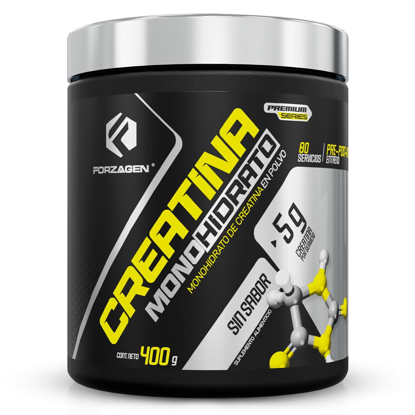 Forzagen | Creatina Monohidrato 100% Pura | 5 g de Creatina | 80 Servicios | Sin Sabor | Pre Entrenamiento | Alto Rendimiento | 400 g