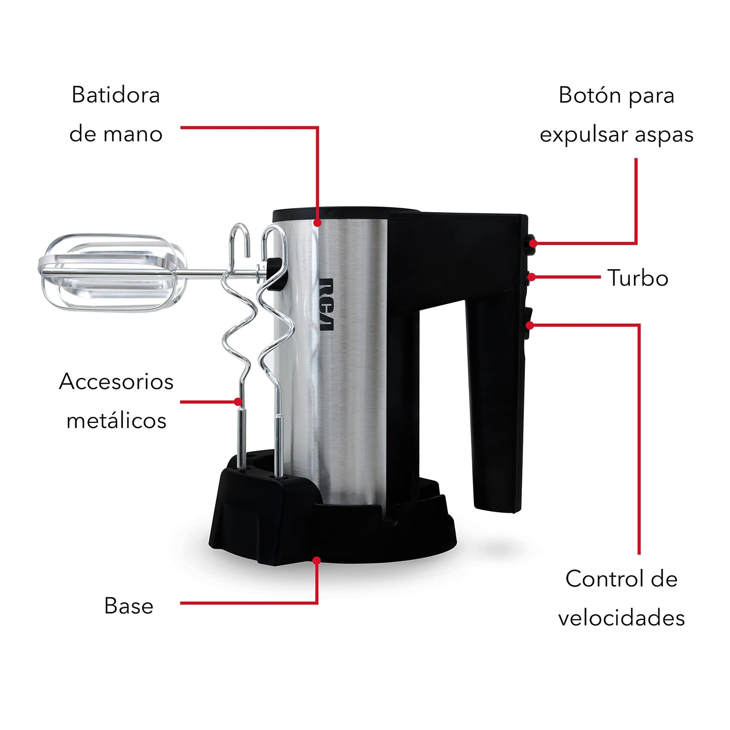 Batidora de Mano RCA, con 5 Velocidades, 2 Tipos de Aspas, Botón de Velocidad Máxima,Fácil Extracción y Limpieza,Accesorios Metálicos Incluuidos,Potente y Versátil para Repostería y Cocina, gris,RC-68