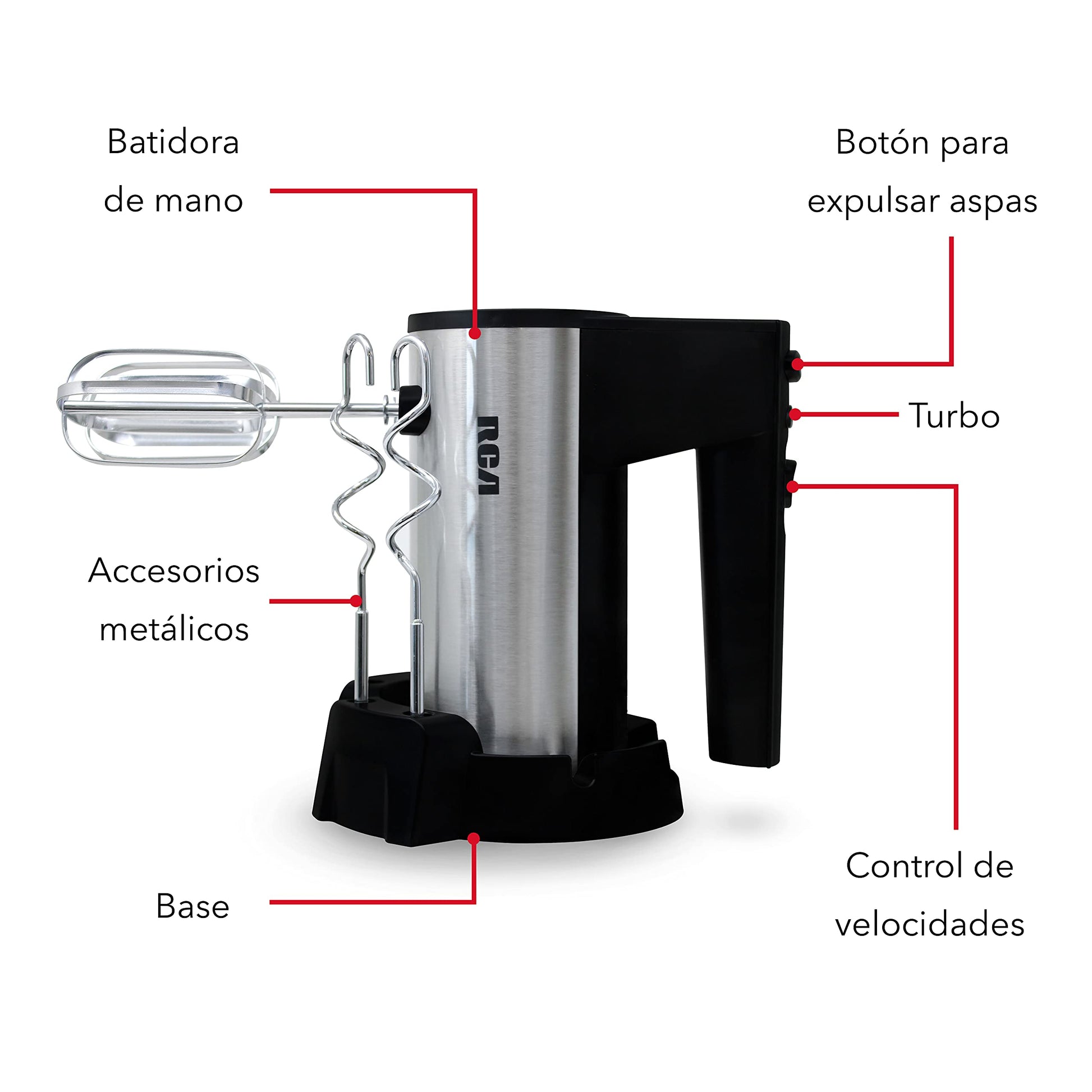 Batidora de Mano RCA, con 5 Velocidades, 2 Tipos de Aspas, Botón de Velocidad Máxima,Fácil Extracción y Limpieza,Accesorios Metálicos Incluuidos,Potente y Versátil para Repostería y Cocina, gris,RC-68