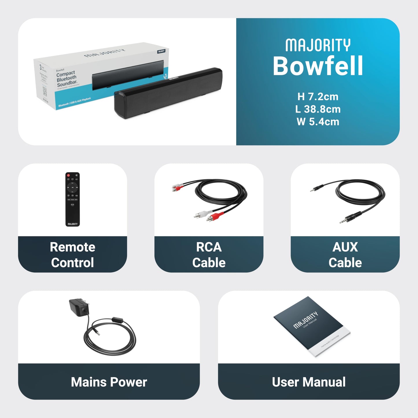 Majority Bowfell - Barra de sonido pequeña para TV con Bluetooth, RCA, USB, Opt, conexión AUX, mini sistema de sonido/audio para altavoces de TV/cine en casa, juegos, proyectores, 50 W, 15 pulgadas