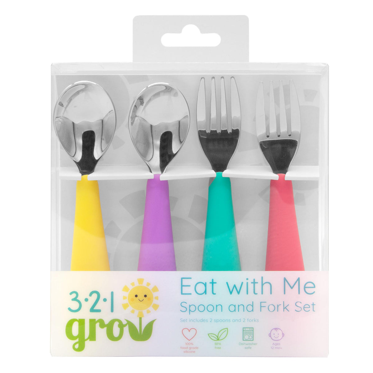321 Grow • Juego de cuchara y tenedor Eat with Me • Utensilios seguros para niños y niños • Juego de 4 piezas • Acero inoxidable con mango de silicona • 12 meses + (medianoche)