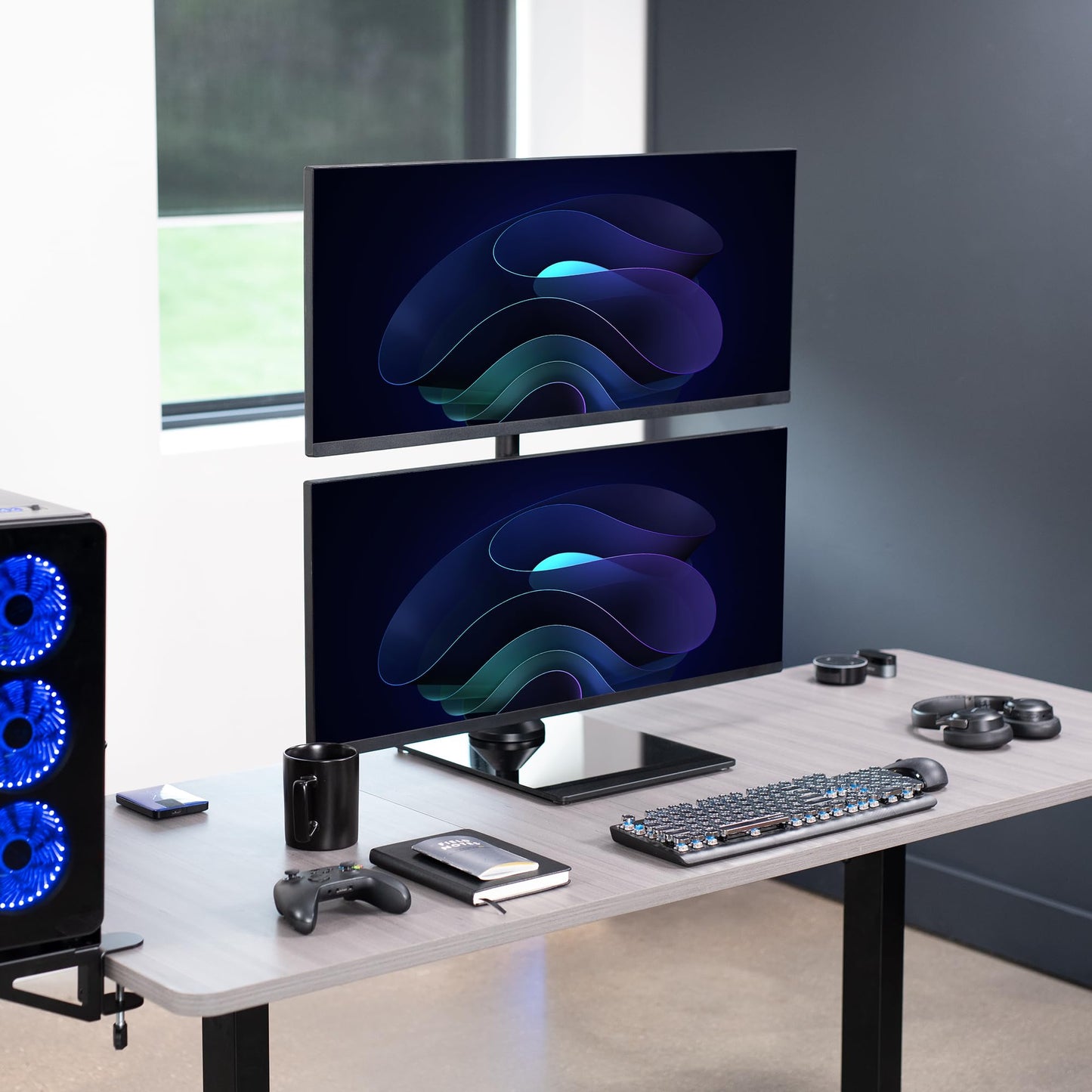 Soporte de Computadora VIVO Negro para Monitor Dual en Vidrio Templado
