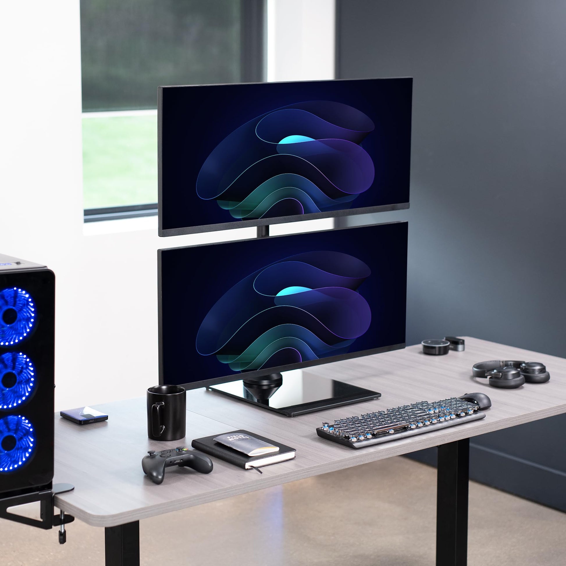Soporte de Computadora VIVO Negro para Monitor Dual en Vidrio Templado