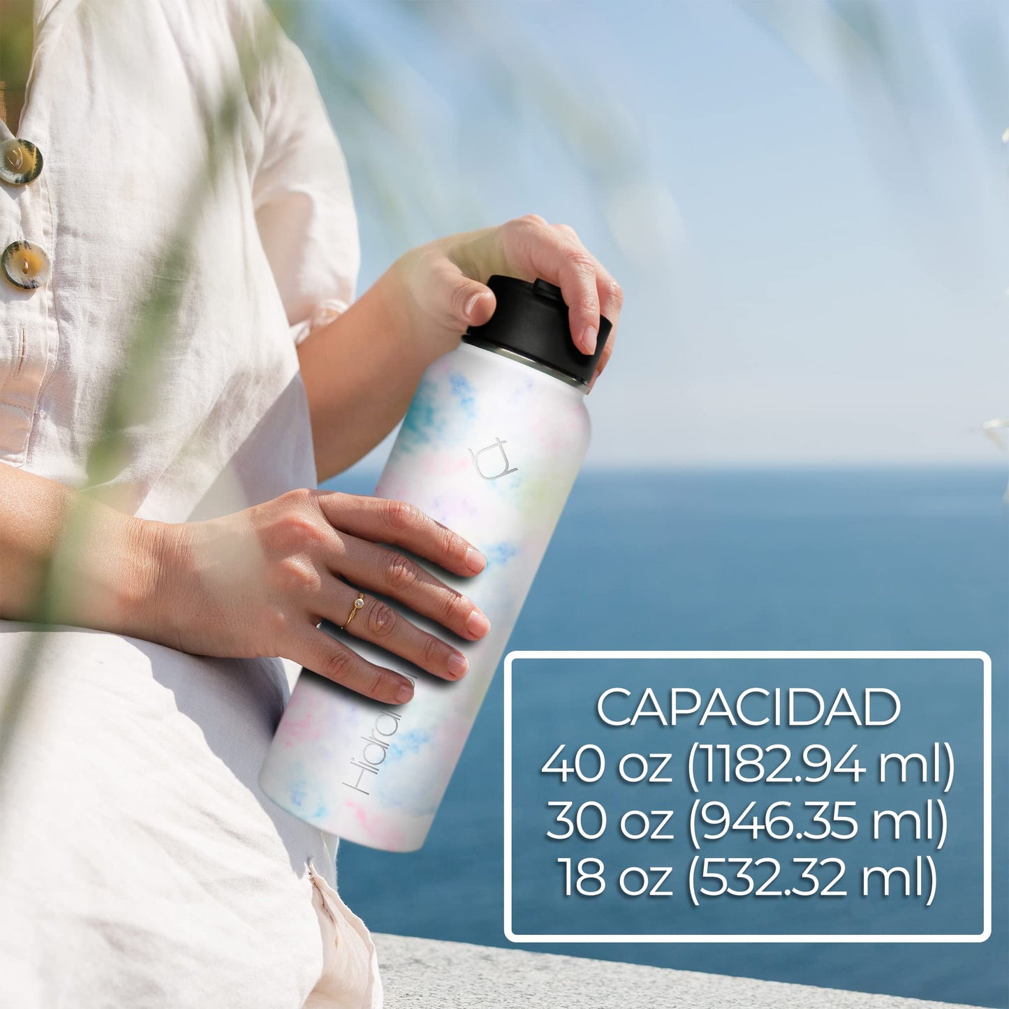 Hidranur Termo de Acero Inoxidable Doble Aislamiento Térmico, Termo Para Café 32 oz (946.35 ml), 3 Tapas Herméticas, 2 Popotes, 24 Hrs de Agua Caliente y Fría (Blanco Mármol, 32 Oz (946.35 ml))