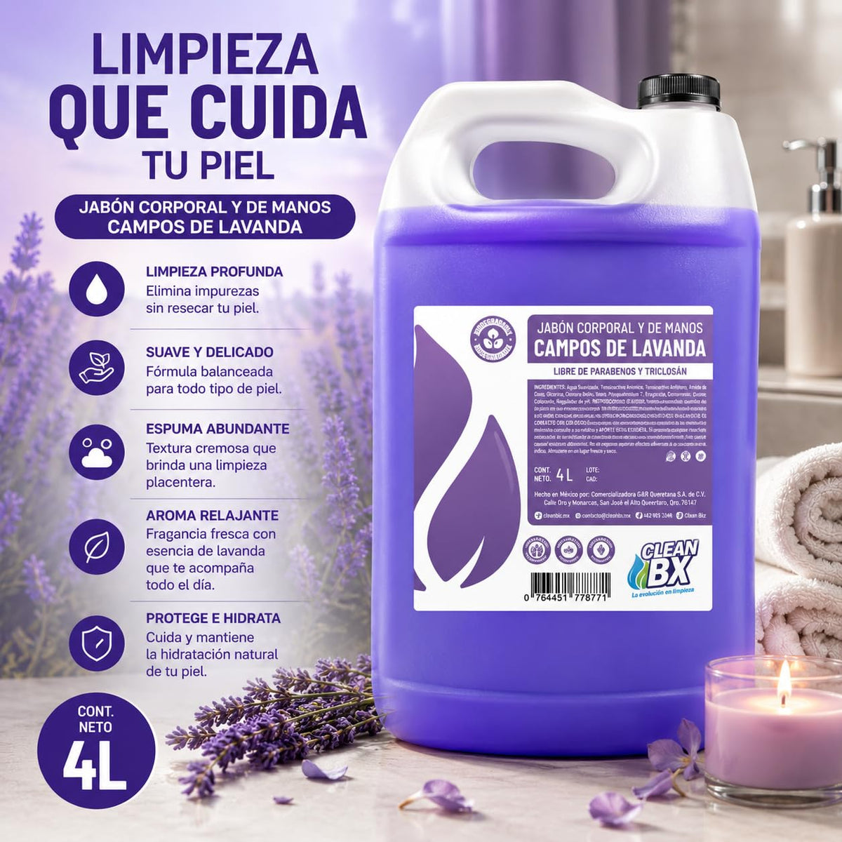 Jabón Líquido Para manos y Cuerpo Aroma Campos de Lavanda 4L | Aroma Relajante, Hidratante y Uso Diario