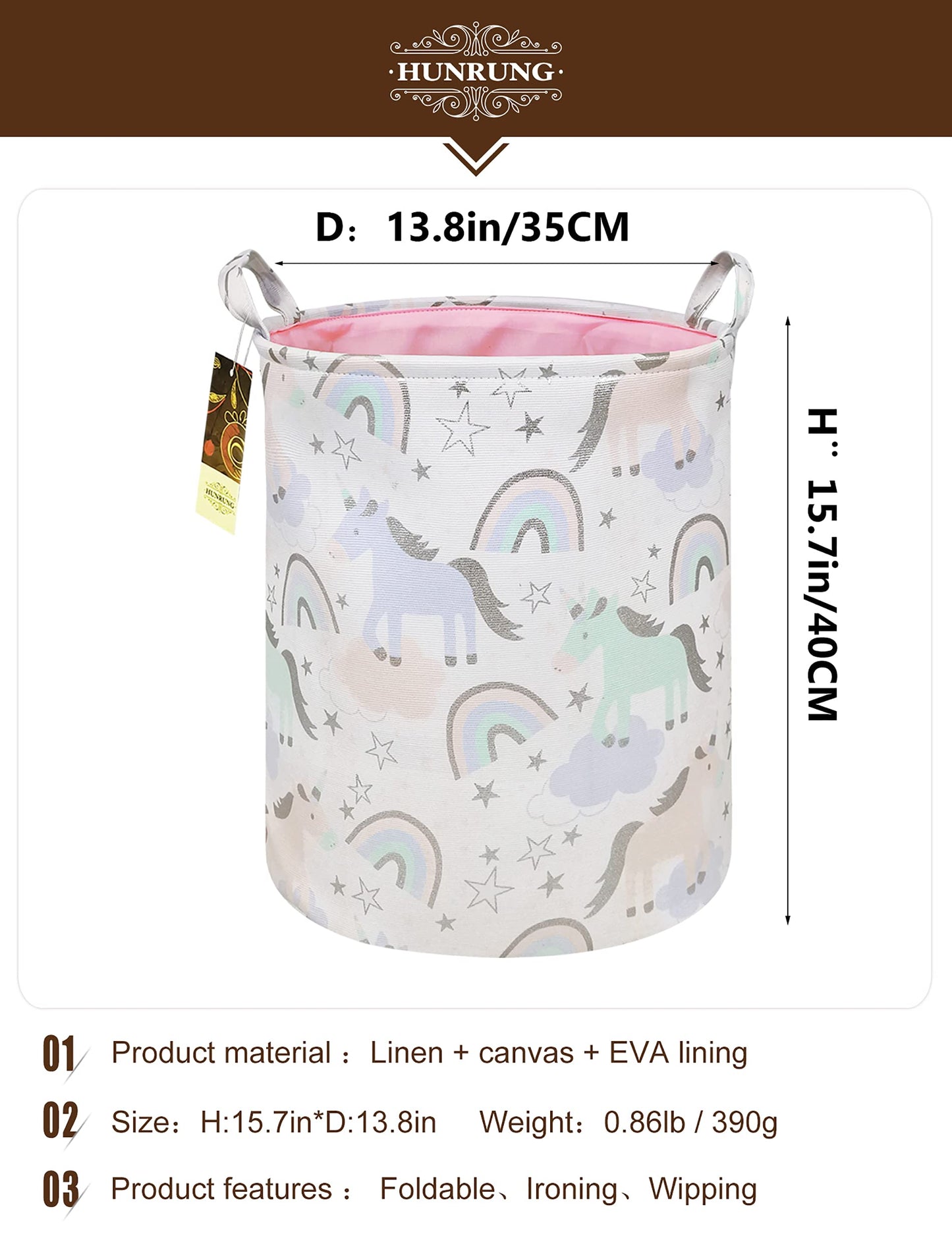 HUNRUNG - Cesta organizadora para la Colada de tamaño Grande, cestas Redondas de Regalo, Resistente al Agua y Plegable, Bolsa de Tela de algodón para guardería, Juguetes, Sala de Juegos