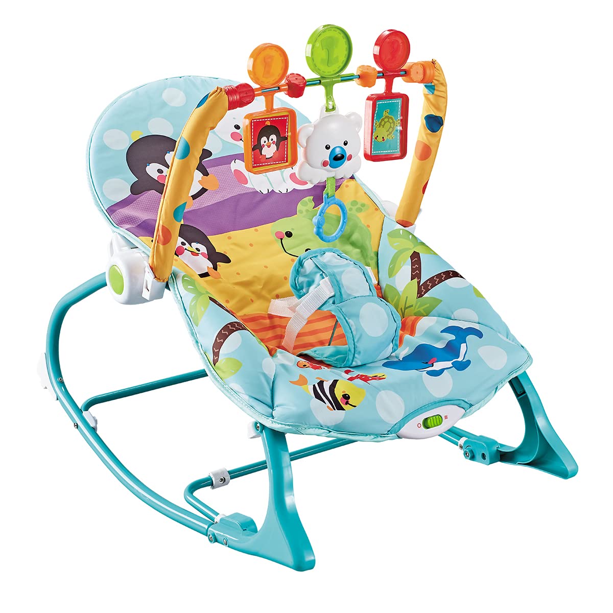 Silla Mecedora Raganet Verde Agua con Barra de Juguetes Desmontable para Bebés y Niños