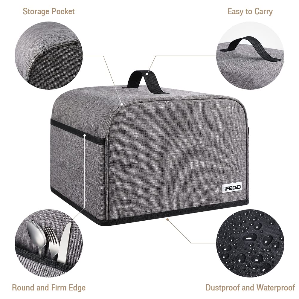 Cubierta para tostador de 4 rebanadas con bolsillos y asa superior, cubierta para polvo para tostador de electrodomésticos pequeños, lavable a máquina (gris)