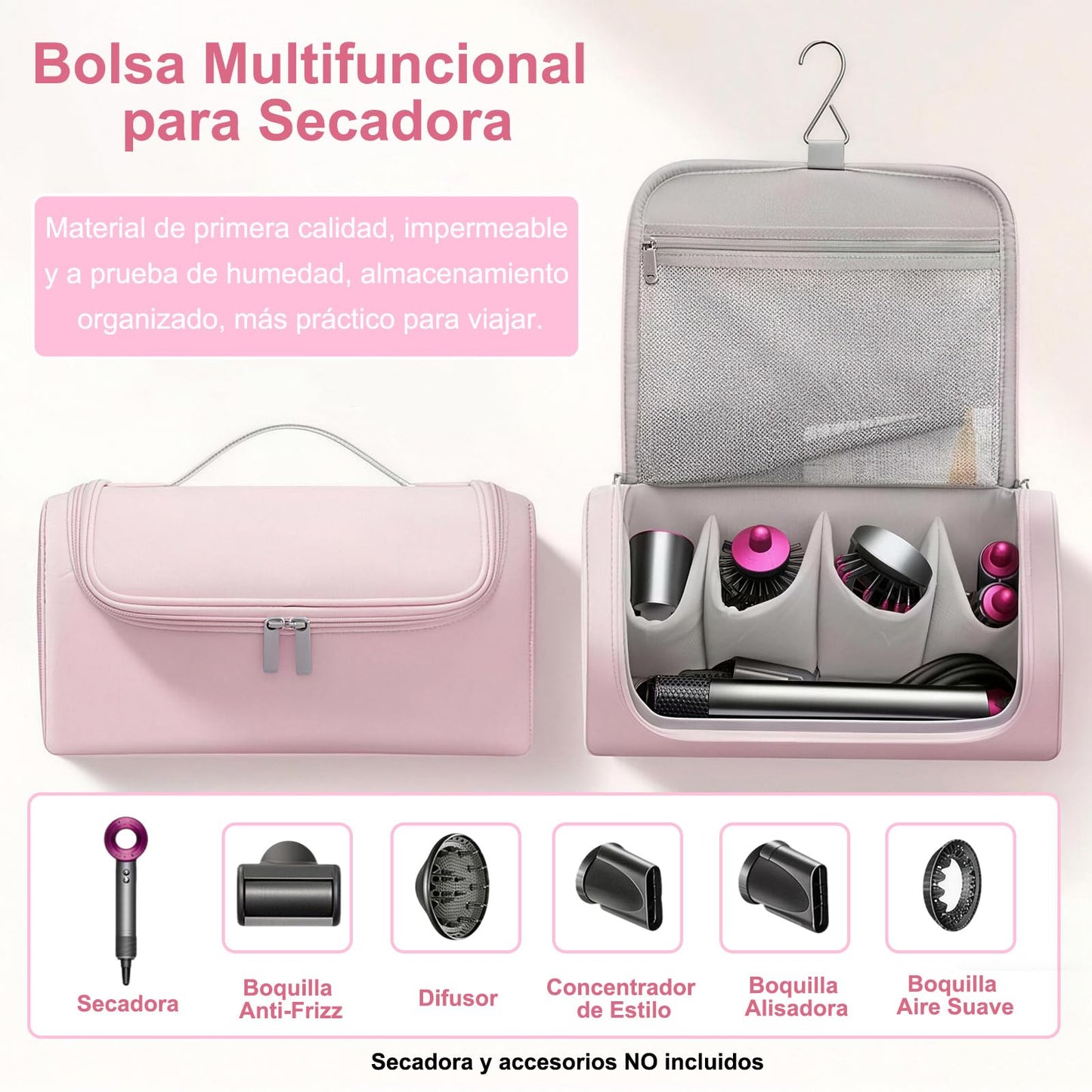 Estuche de Viaje Colgable Compatible con Shark FlexStyle y Dyson Airwrap, Bolsa Organizadora Impermeable de Gran Capacidad para Accesorios (Rosa)