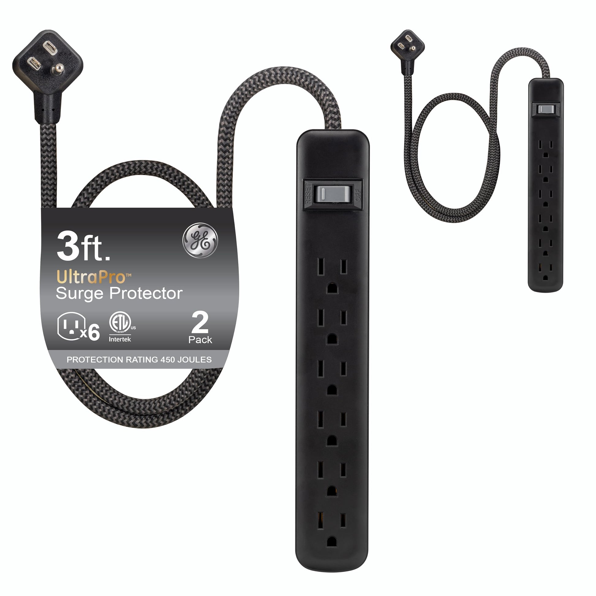 GE UltraPro 74544 - Protector de sobretensiones de 6 Tomas, Paquete de 2 Unidades, Cable Trenzado de 3 pies, Protector de sobretensión, Tira de alimentación de 450 Julios, Color Negro