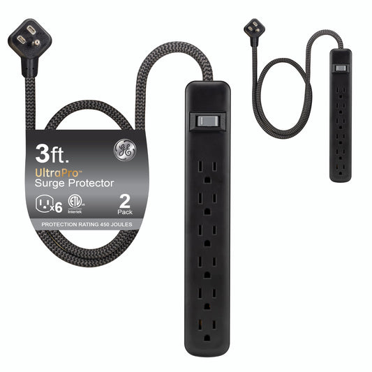 GE UltraPro 74544 - Protector de sobretensiones de 6 Tomas, Paquete de 2 Unidades, Cable Trenzado de 3 pies, Protector de sobretensión, Tira de alimentación de 450 Julios, Color Negro