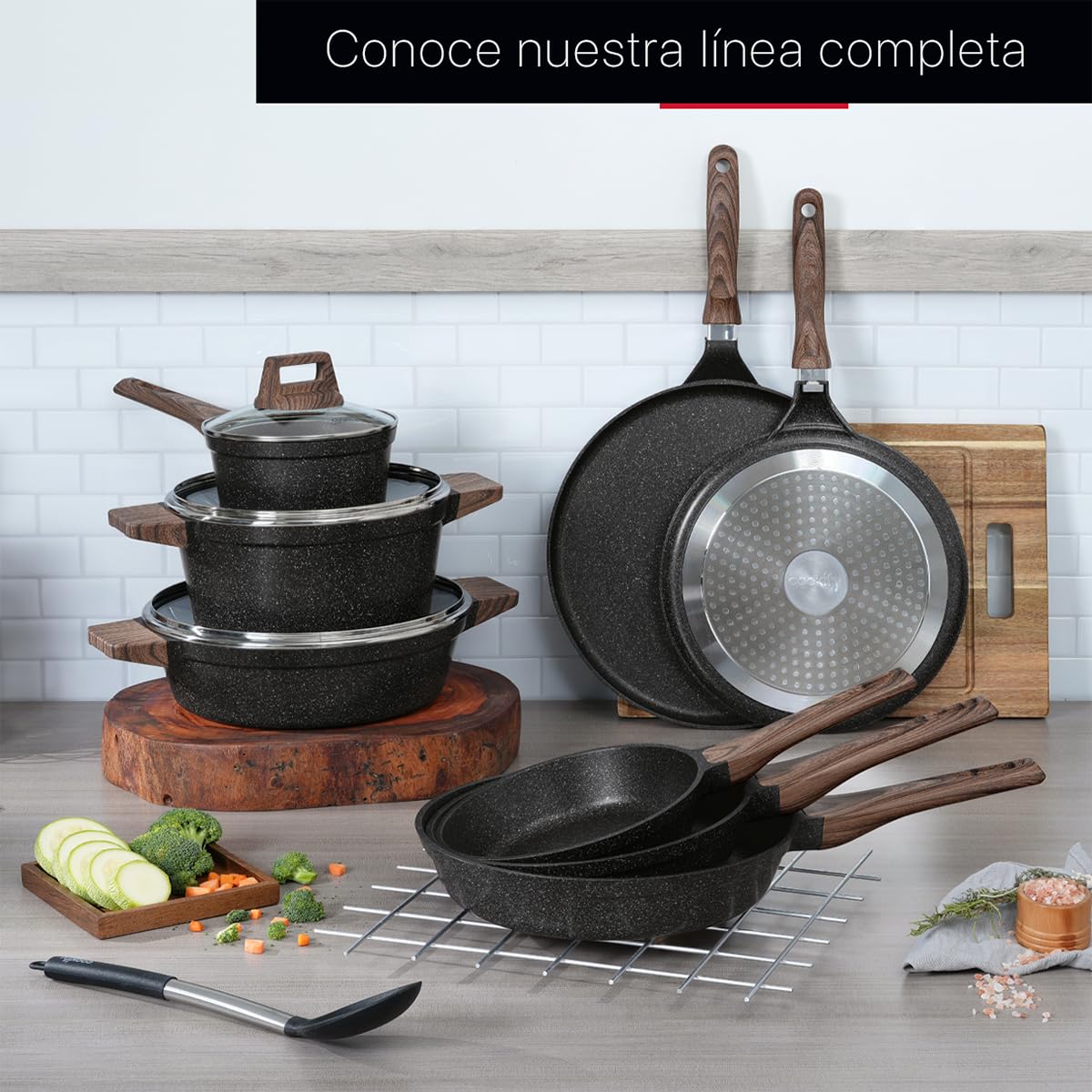 Cookify Set de 3 piezas (Sarten 20 y 24 cm y Crepera 28 cm) Antiadherente de Mármol (Negro)