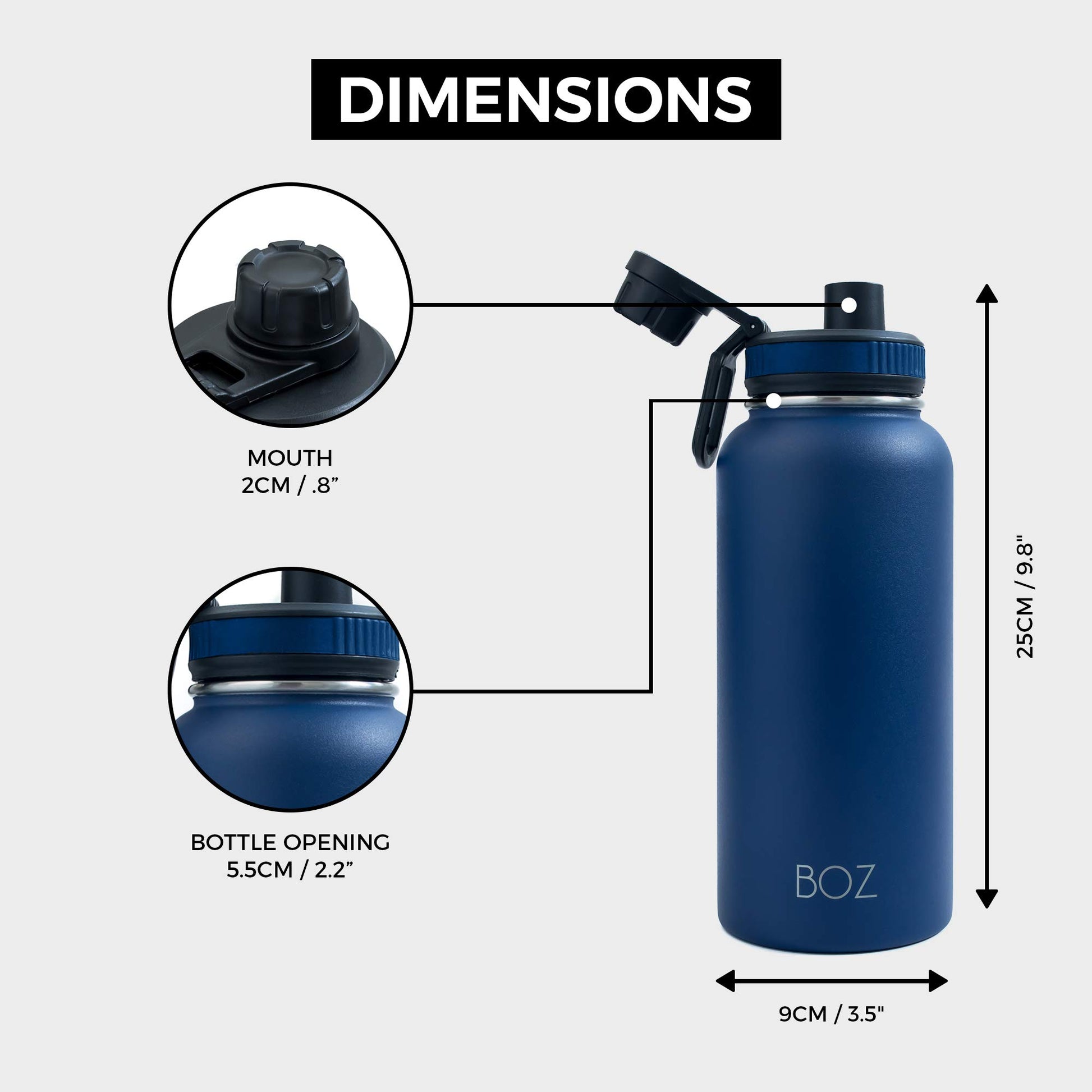 BOZ Botella de agua de acero inoxidable, termo de acero inoxidable 1 litro XL (1 L / 34 oz) boca ancha, sin BPA, aislamiento de doble pared al vacío (Azul/Negro)