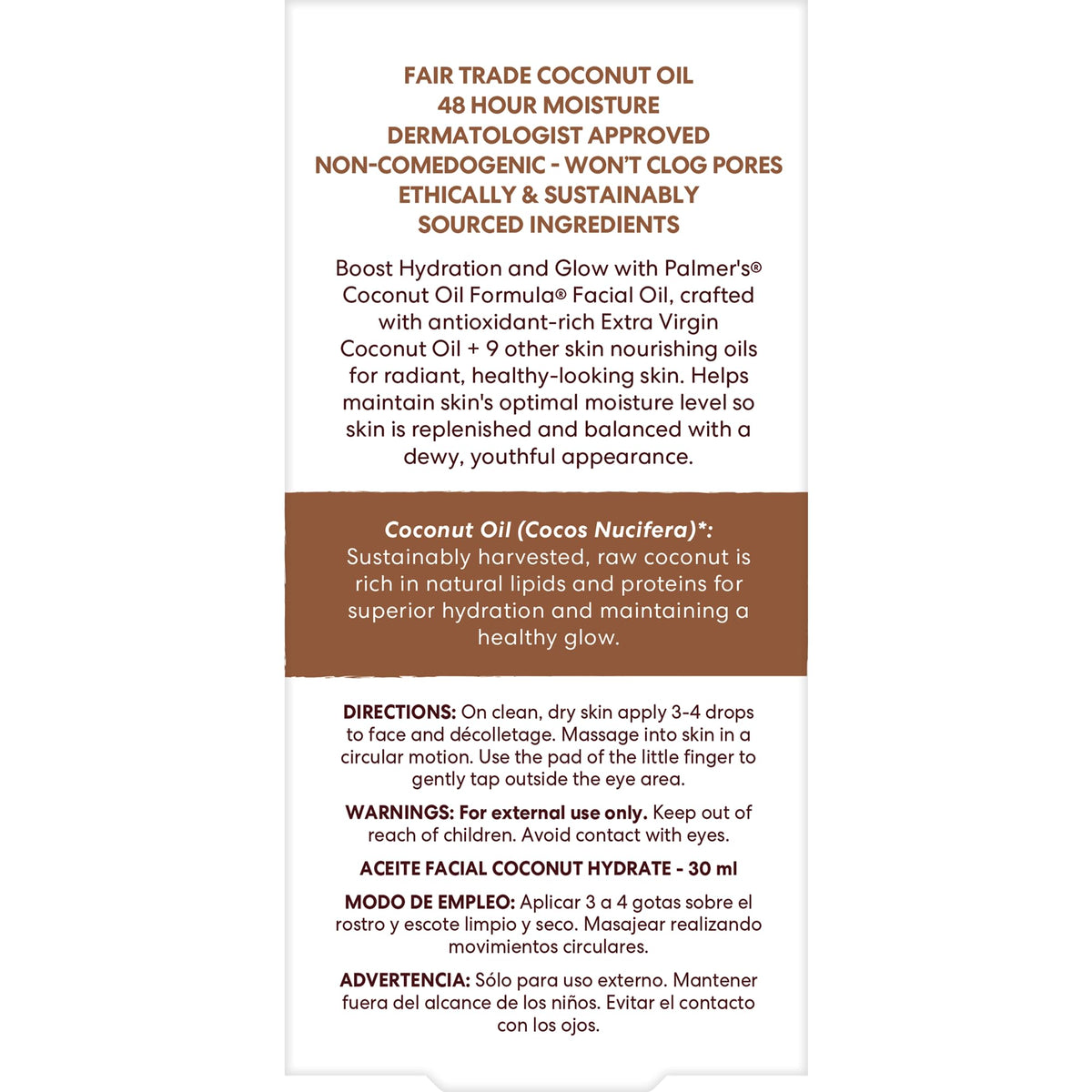 Palmer’s Coconut Oil Formula Aceite Facial de Belleza Coco con 10 Óleos Puros y Preciosos para una piel Radiante e Hidratada, Dermatológicamente Probado, No Comedogénico, 30ml