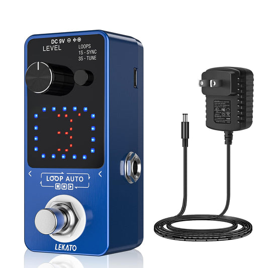 LEKATO - Pedal para guitarra con adaptador de fuente de alimentación de pedal de bucle de 9 V 0.6 A, pedal de bucle de efecto con función SYNC y sintonizador para guitarra eléctrica, 3 bucles, 18