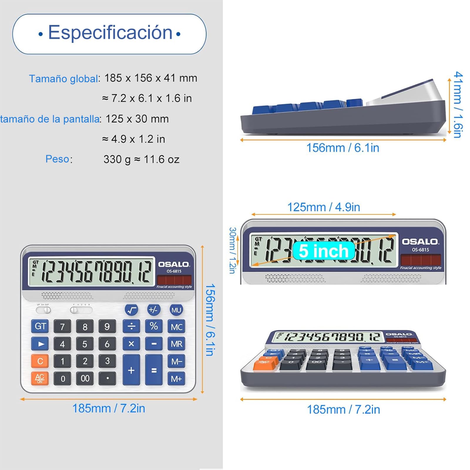 Calculadora de Escritorio Pantalla LCD Extra Grande de 5 Pulgadas Calculadora de Contabilidad de números Grandes de 12 dígitos con botón de Respuesta Gigante, para Office Business Home (OS-6815)