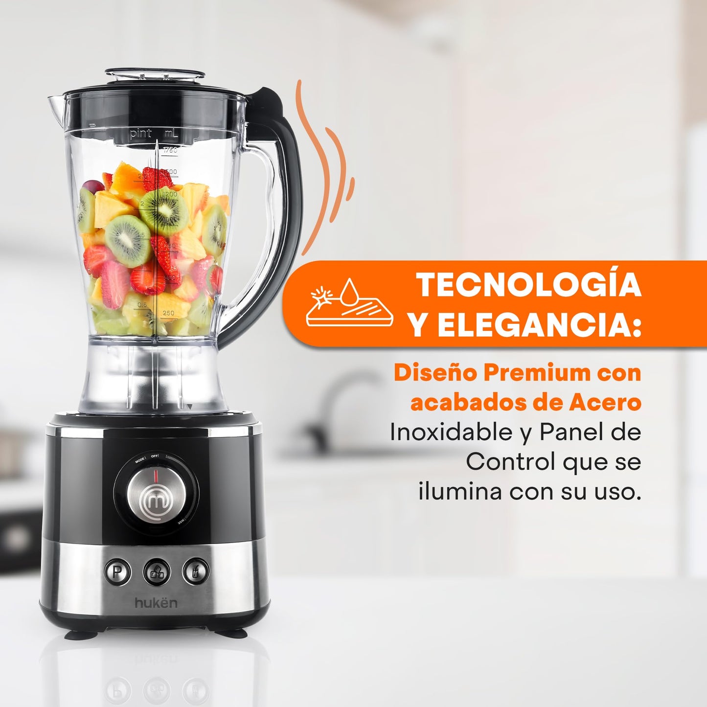 Hukën x MasterChef | Sistema de Cocina Chef Deluxe | 650W de Potencia | Más de 10 Accesorios para Licuar, Triturar, Rebanar y Más | Panel Digital | Acabados de Acero Inoxidable