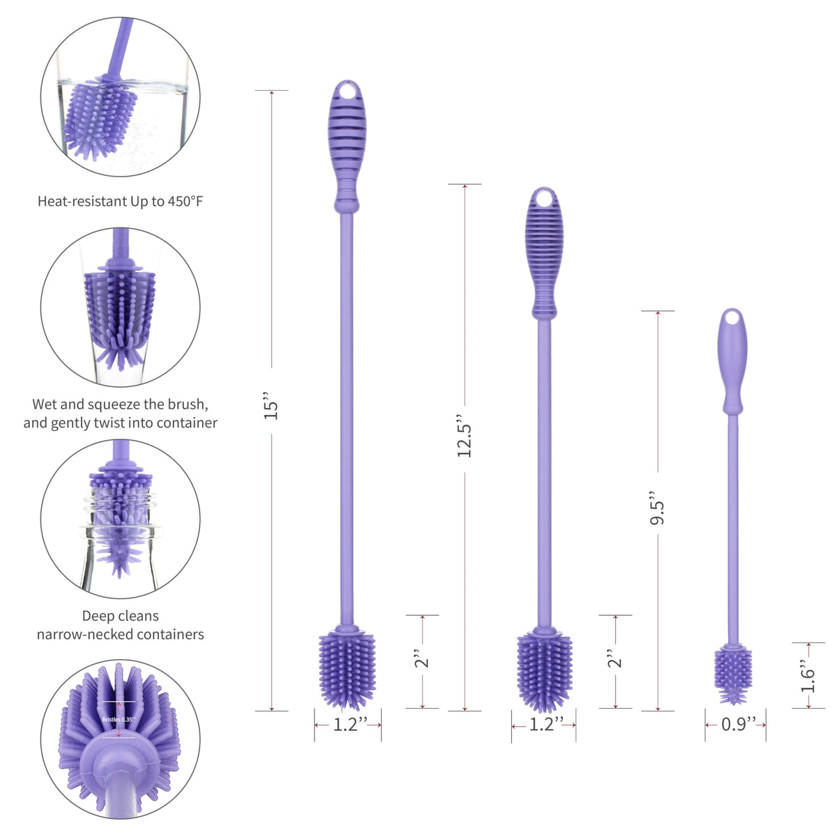 A-Brush - Cepillo para Polvo Limpiador de Botellas de Silicona sin BPA, Mango Largo, Ideal para Botellas de Agua de Vidrio y plástico, para Botellas de Agua (Juego de 3 Piezas de Color Morado Claro)