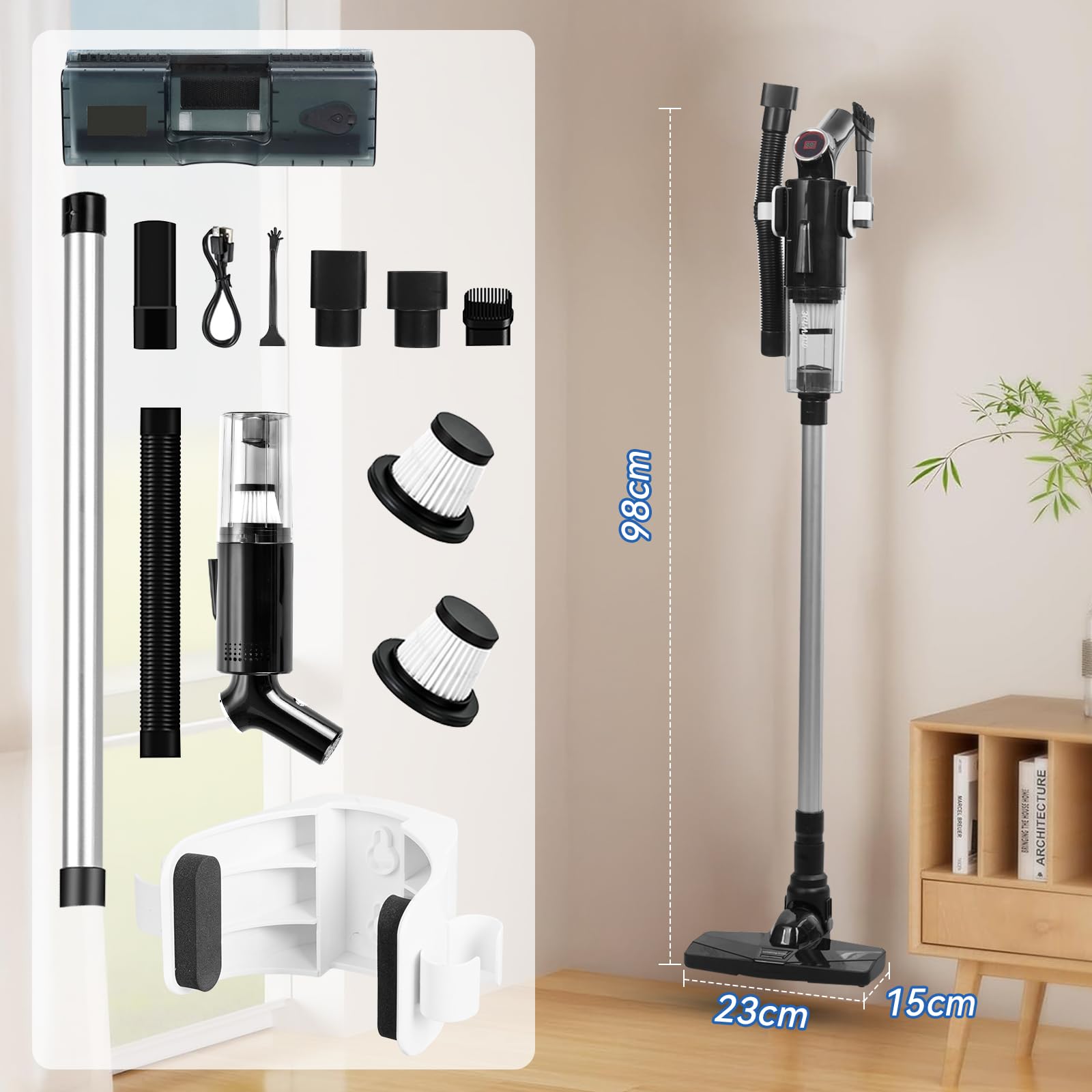 Aspiradora Inalámbrica,15000Pa Aspiradora Vertical 5 en 1 con Depósito de Agua,Filtro HEPA,Aspiradora de Mano con Luz LED,Batería de 3*2000 mAh,Apta para Todo Tipo de Suelos,Pelos de Mascotas,Sofá