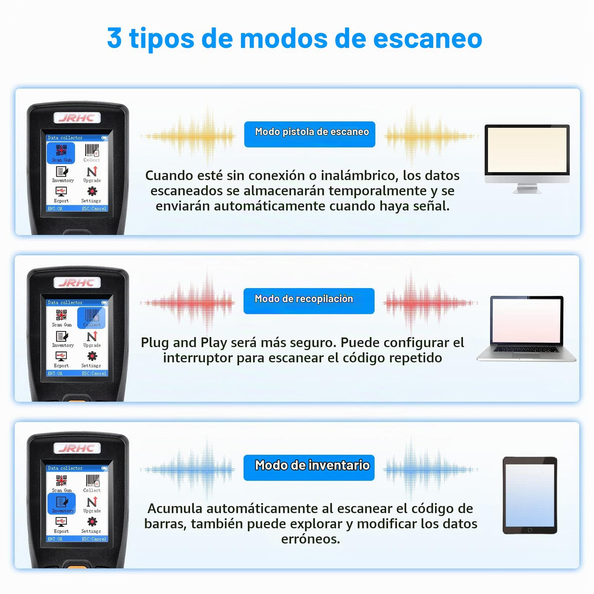 Escáner de Código de Barras 2D JRHC Negro Inalámbrico con Conexión 2.4G y USB