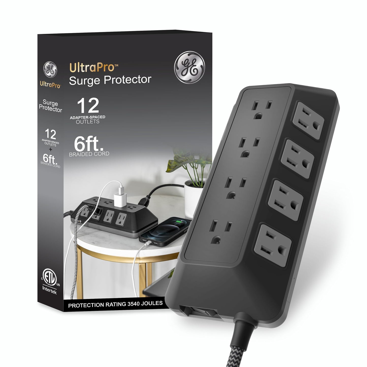 GE UltraPro Adapt 74542 - Protector de sobretensiones de 12 Tomas, Cable Trenzado de 6 pies, 3540 Julios, Negro, 74542