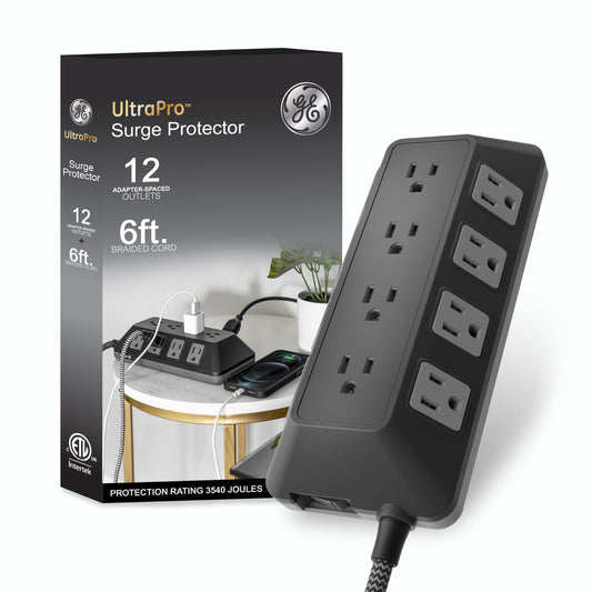 GE UltraPro Adapt 74542 - Protector de sobretensiones de 12 Tomas, Cable Trenzado de 6 pies, 3540 Julios, Negro, 74542