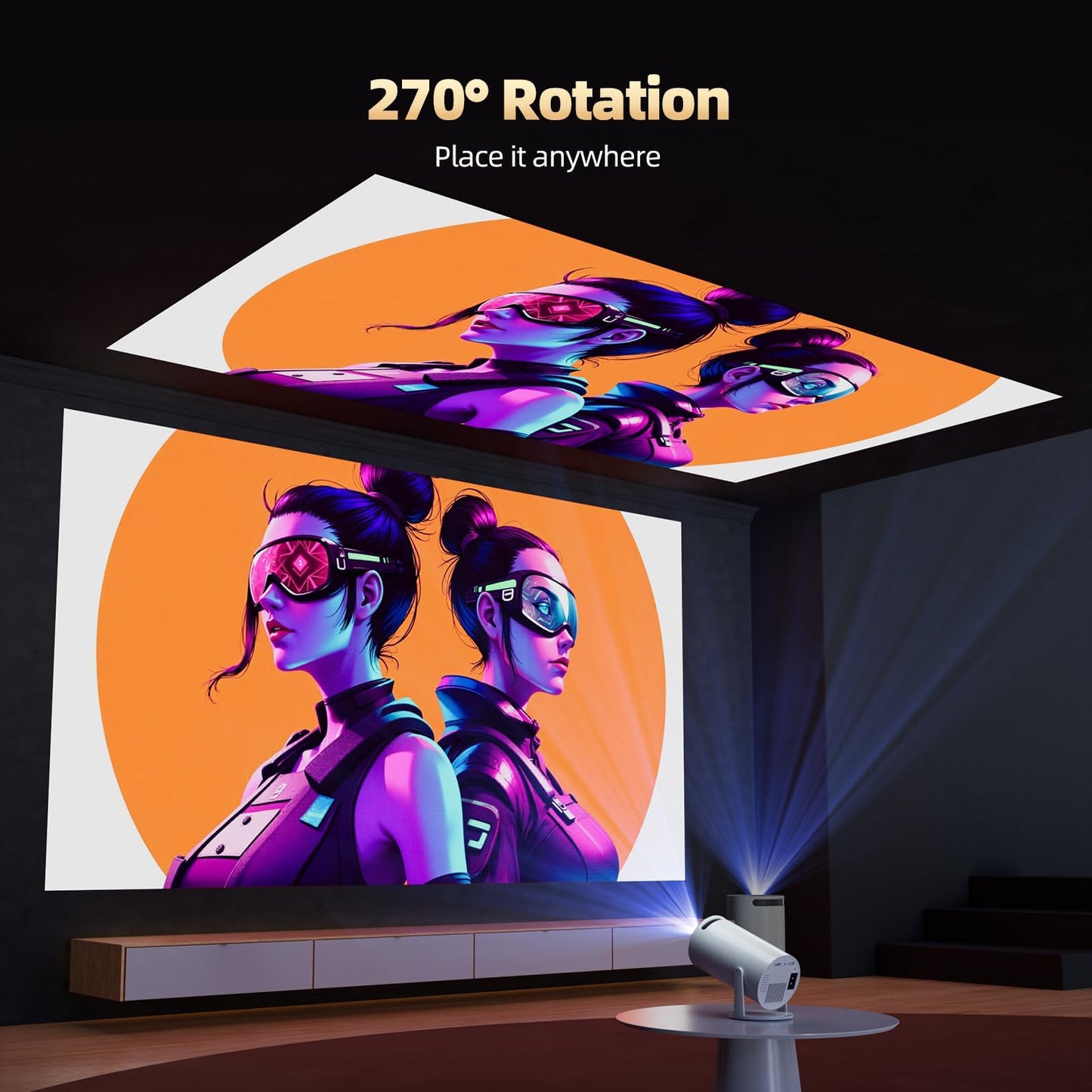 Mini proyector WiFi con Bluetooth, soporte Full HD 4K, proyector portátil inteligente Android 11.0, rotación de 270°, corrección automática vertical Keystone