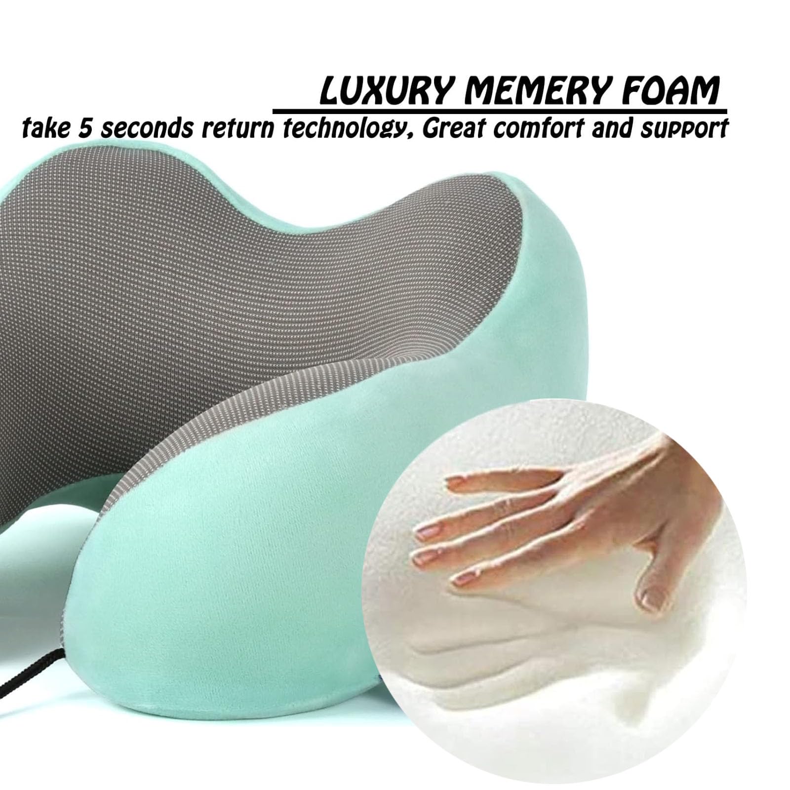 Almohada de Viaje,Almohada de Cuello Viscoelástica de Espuma de Memoria con Máscara de Ojos,Tapones para los oídos y Bolsa con Cordón, Soporte de Cuello para Avión, Oficina y el Hogar (Azul claro)