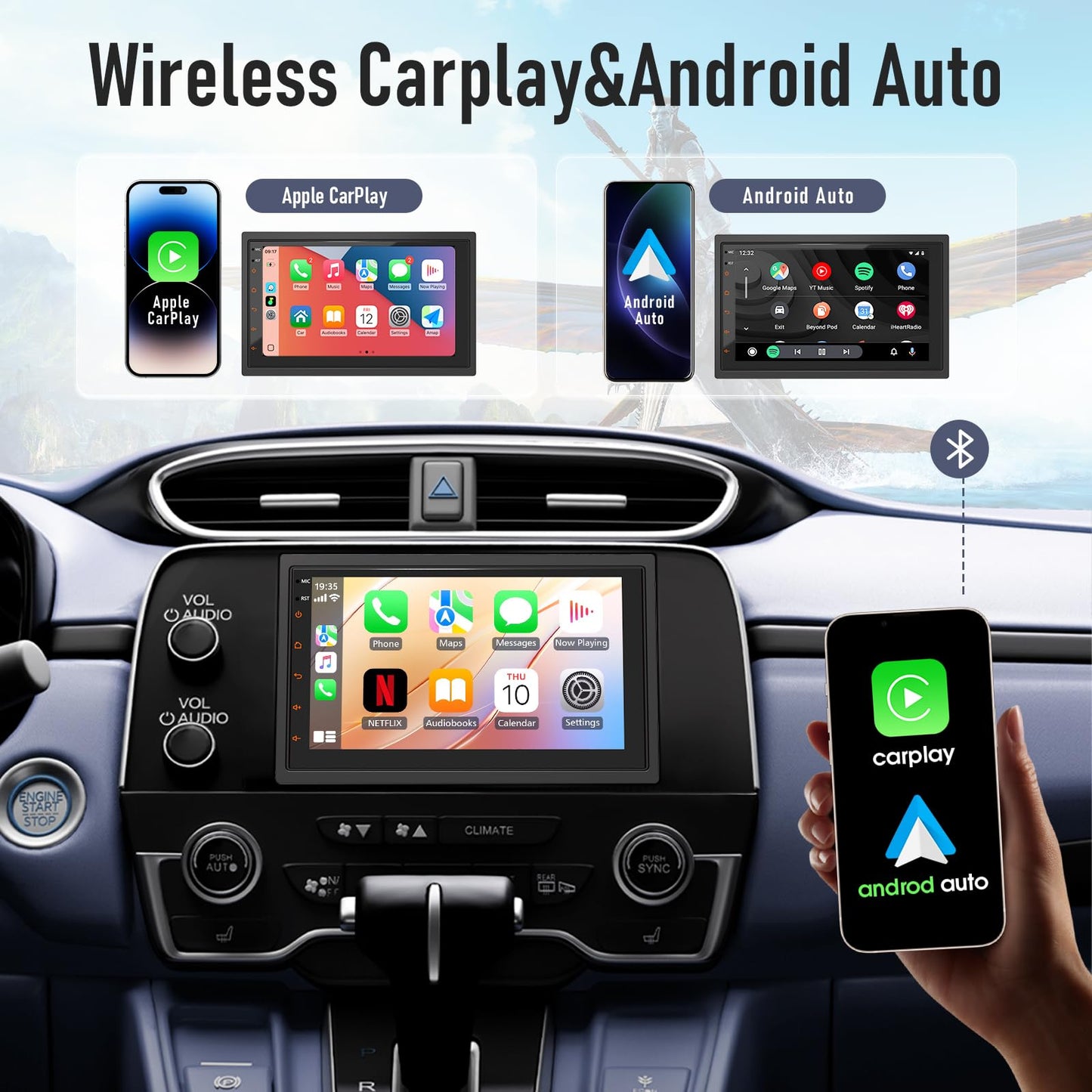 Haudio Estéreo de coche doble DIN de 7 pulgadas con Apple CarPlay y Android Auto, visualización táctil de radio de coche con Bluetooth 4.1, enlace espejo, navegación GPS, WiFi, control de voz, 2+32 GB