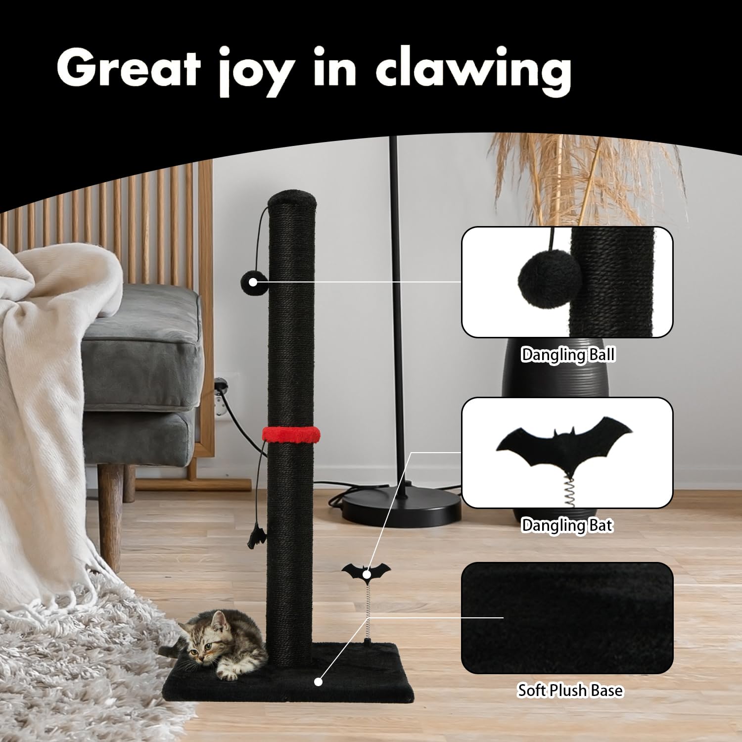 Poste Rascador de Sisal MECOOL Negro con Bola Colgante para Gatos Adultos y Gatitos de Interior