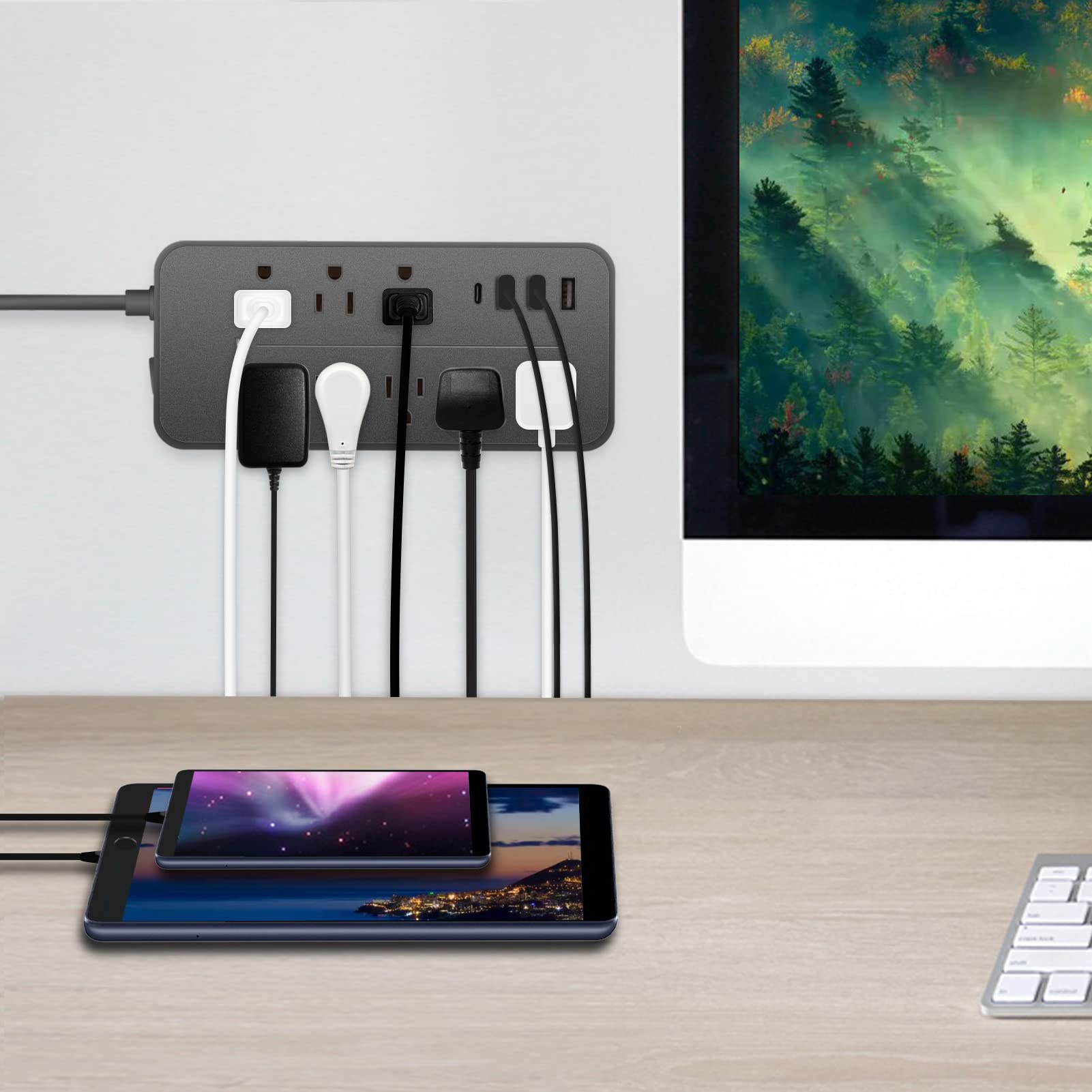 BOPARTE USB Multicontacto, Regleta de 1,2 m, 8 Salidas, 3 Puertos de Carga USB, (5 V / 2 A), 1 Puerto USB-C, Conector múltiple, Regleta para el hogar, Oficina, Dormitorio, Negro