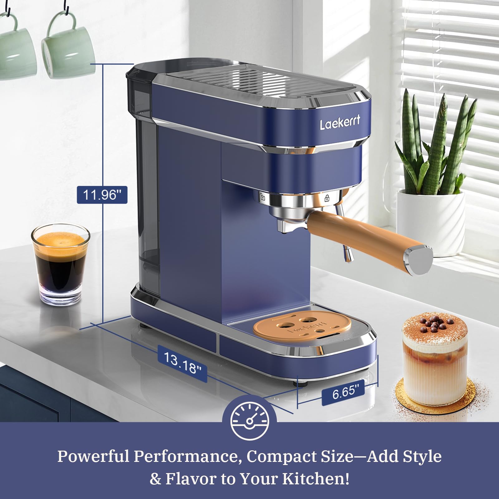 Laekerrt CMEP01 - Cafetera espresso con vaporizador de leche, máquina de café Home Expresso para capuchino y latte (azul marino, acero inoxidable), regalo para los amantes del café, padre