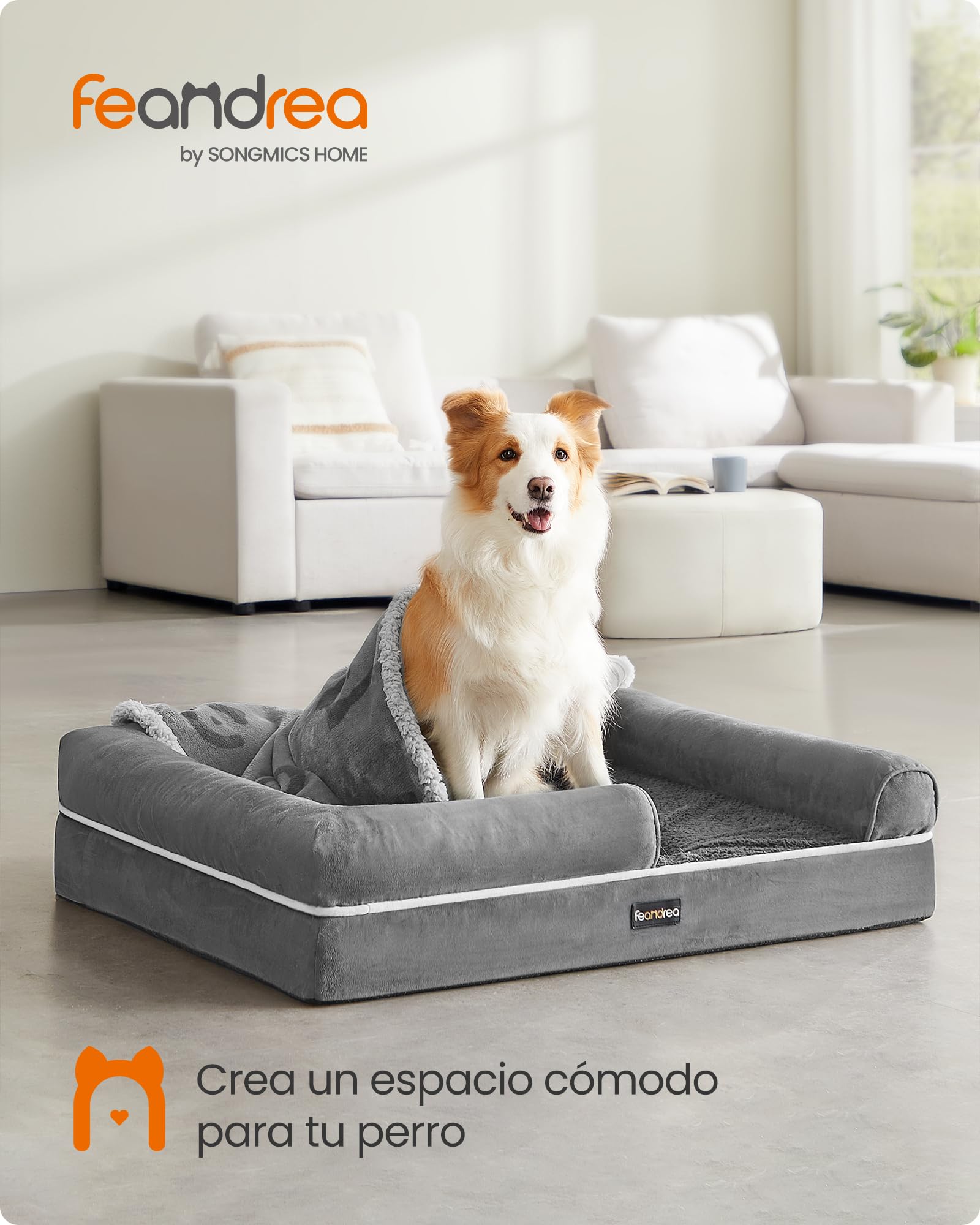 Cama Ortopédica para Perros Feandrea Gris Claro Funda Extraíble y Lavable