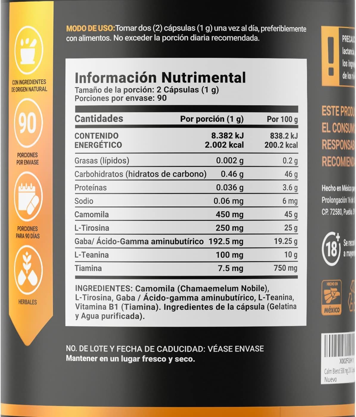 Gaba, Camomila, L-Tirosina, L-Teanina y Vitamina B1. 180 Cápsulas 500 mg. Ingredientes naturales. Om Blend B Life