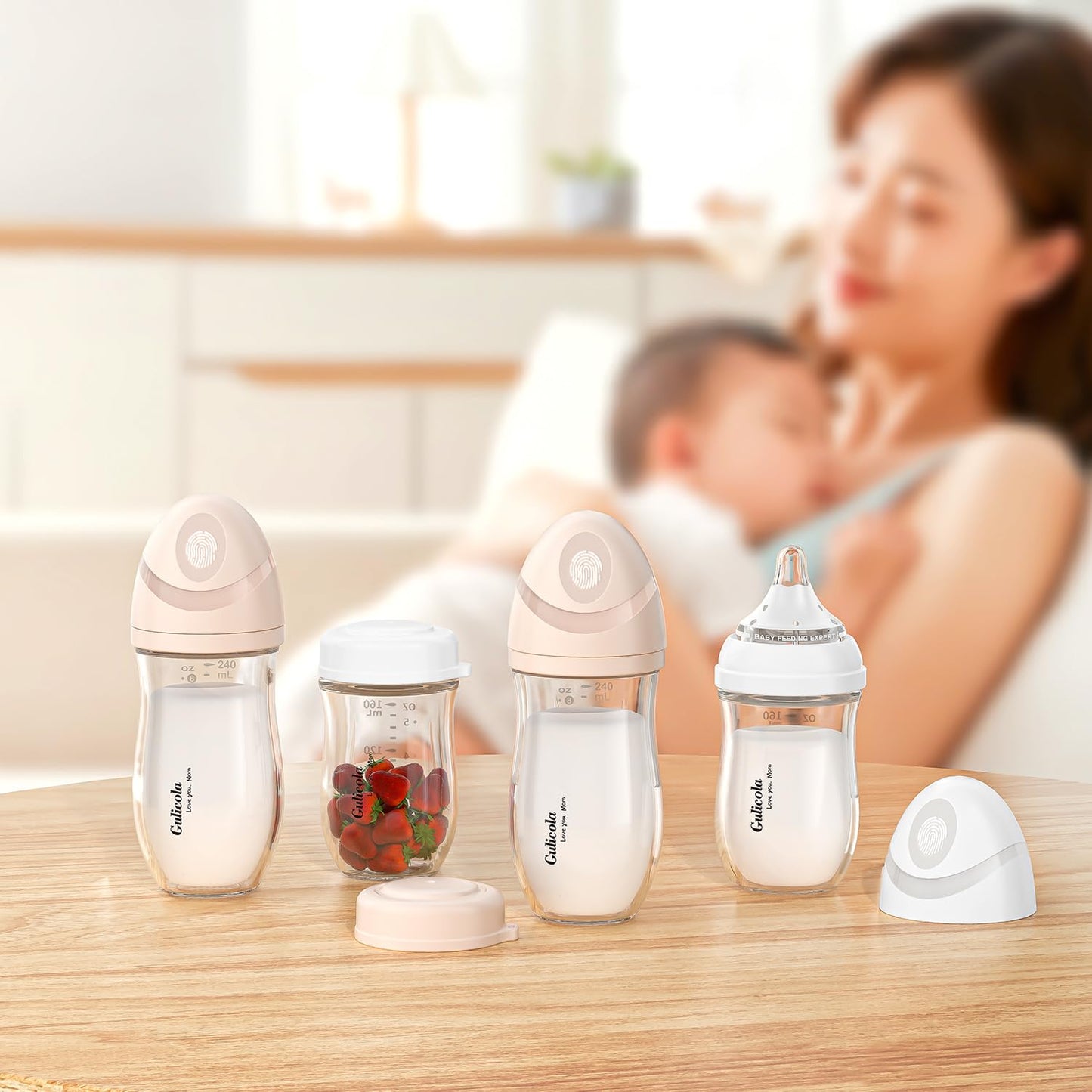 Gulicola - Biberón de vidrio natural para bebés lactantes, juego de biberones anticólicos con pezón de flujo medio, 3 meses +, 8 onzas, paquete de 2 unidades, color blanco