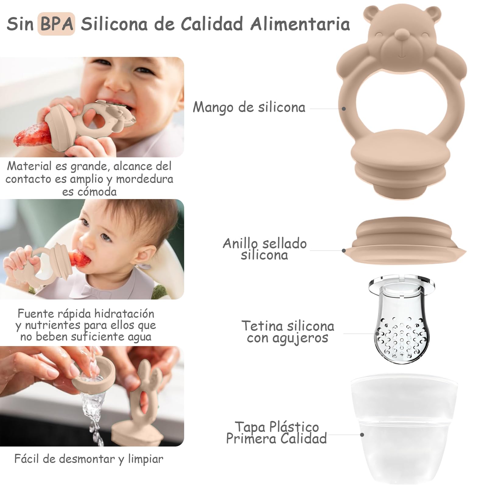 EHRHDKNS Bandeja Congeladora de Alimentos para Bebés Sin BPA, Adecuado para la Introducción Segura de Alimentos, Fruta y Papillas a Partir de los 4 Meses, Fortalece los Dientes del Bebé y le Ayuda a Comer Sano (Beige, Oso)