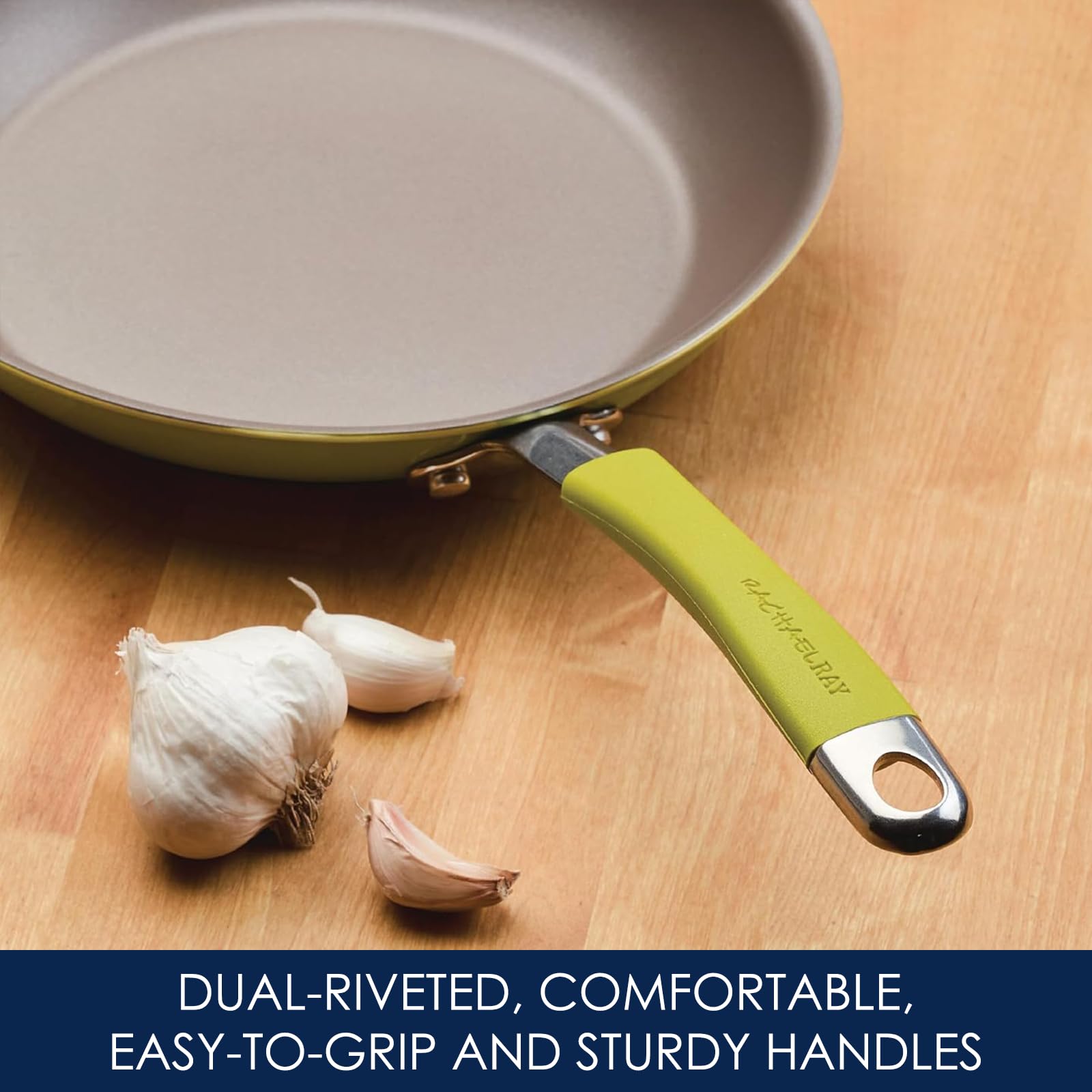 Rachael Ray Cucina - Batería de cocina antiadherente, porcelana dura, 12 piezas, Verde Limon