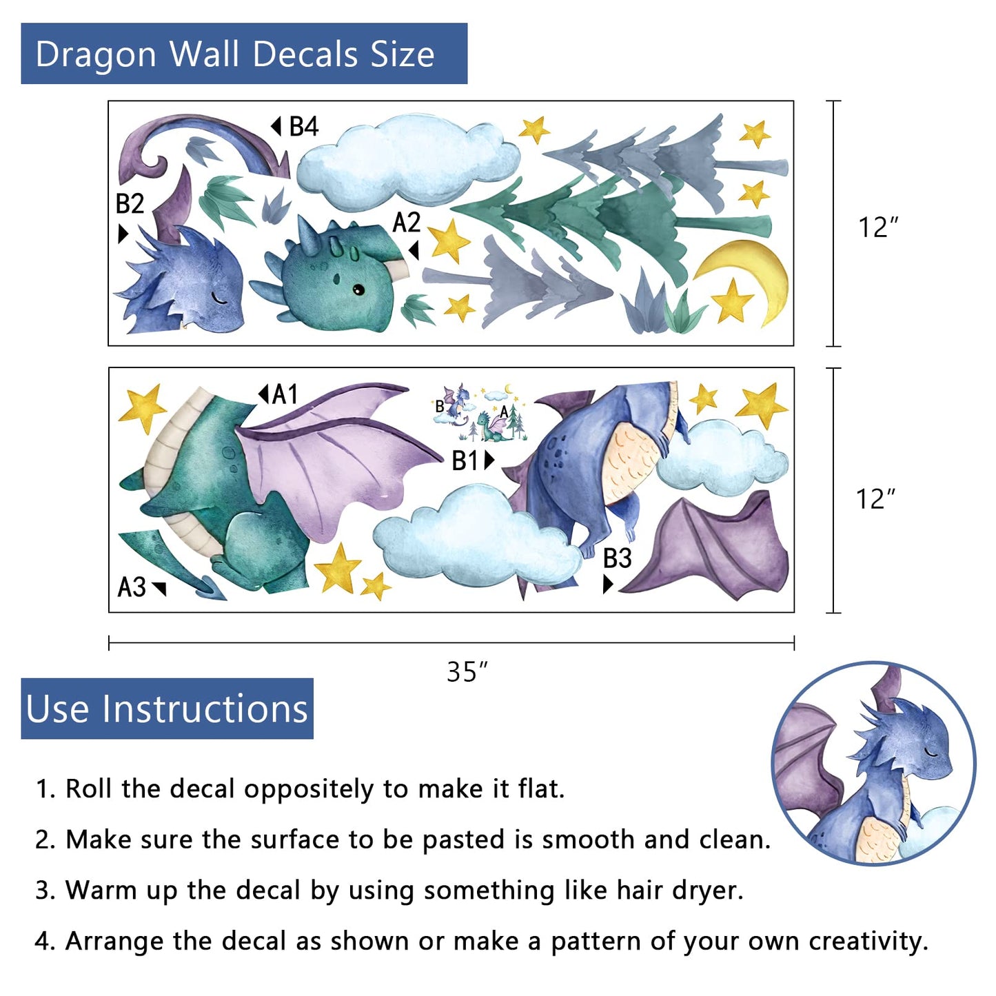 Yovkky Calcomanías de Pared de Dragón Bebé, Luna Estrellas Nubes Bosque Guardería Sala de Juegos Decoración, Habitación de Niños Decoraciones del Hogar Arte de Recámara de Niños Varones