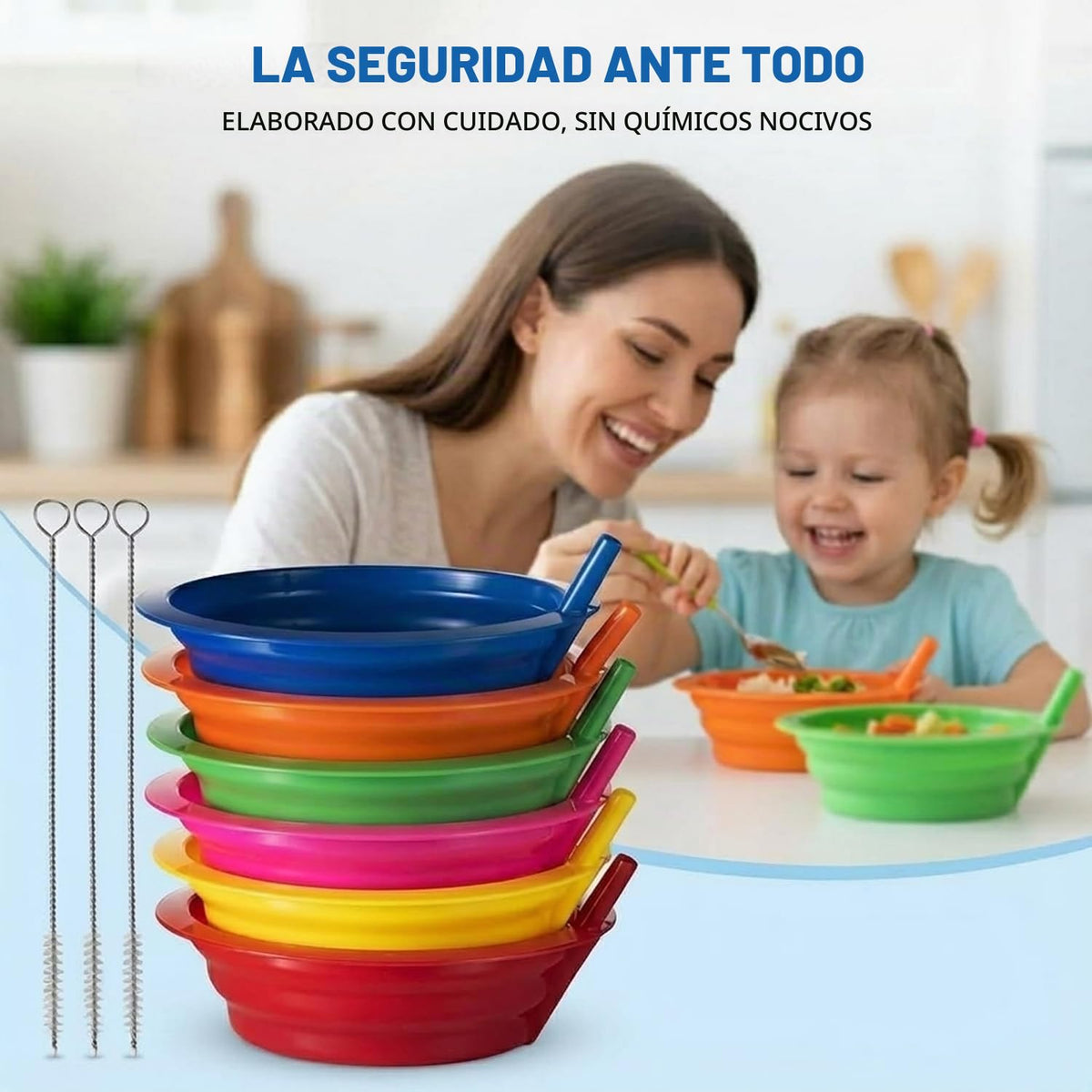 Tazones de Cereal con Popote para Niños - (Juego de 6 Tazones de 20oz) Plástico Reutilizable Libre de BPA con Popote Incorporado, Apto para Lavavajillas y Microondas, Incluye 3 Cepillos de Limpieza