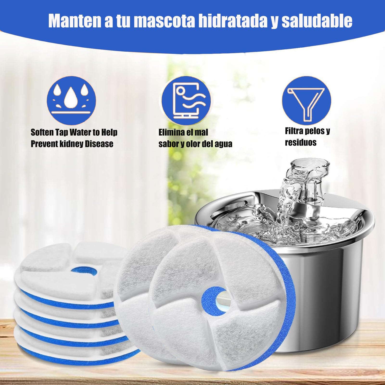 Keakitay Filtros para Fuente de Gatos, 6 Piezas Filtros para Fuente de Agua para Mascotas, Sistema de Triple Filtracion, Filtro de Repuesto, Filtro de Carbón Activad