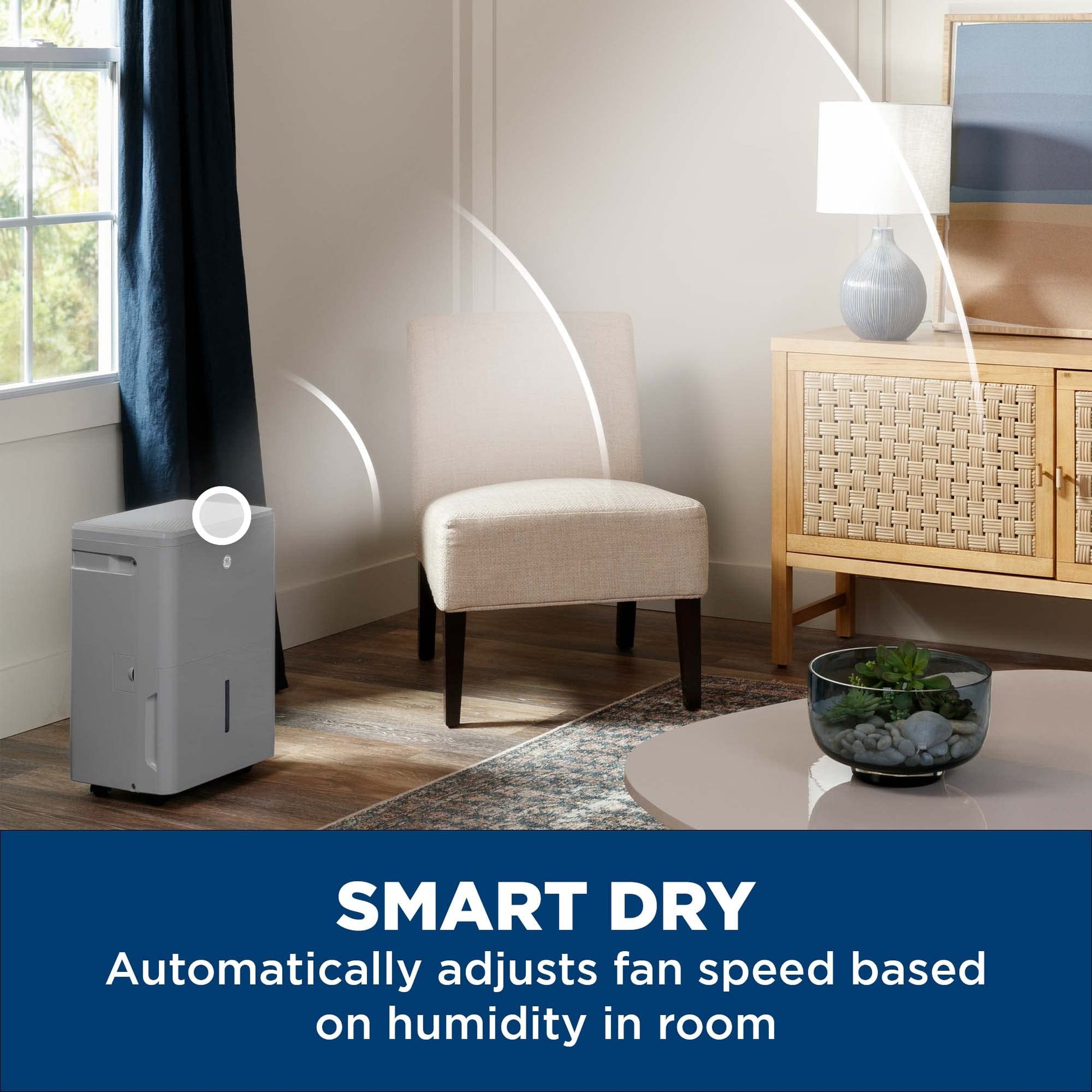 GE Smart Energy Star Deshumidificador portátil con WiFi para sótano, recámara, baño, cochera, habitaciones grandes de hasta 4500 pies cuadrados, 50 pintas con cubeta extraíble y conexión de drenaje
