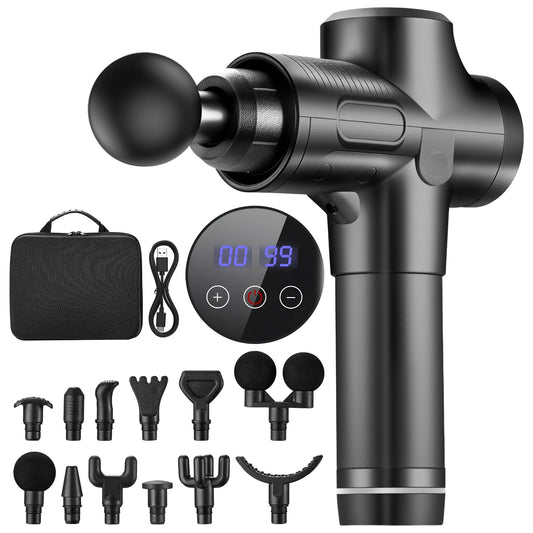Pistola de Masaje Muscular, Masaje Eléctrico de Mano con 12 Cabezales y 30 Velocidades Ajustables, Masajeador Muscular de Tejido Profundo, Masajeador de Espalda para Hombro, Cuello