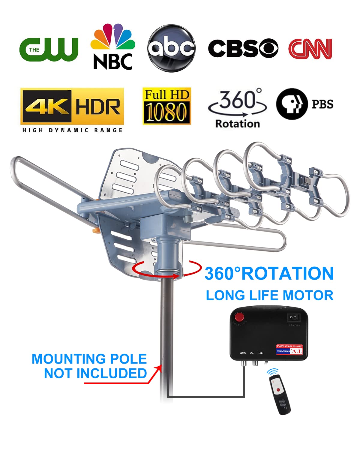 Yeceny - Antena de TV para exteriores, antena de TV HD amplificada digital y cable coaxial RG6 de 60 pies, control remoto inalámbrico de largo alcance de 200 millas con rotación de 360 grados, soporte