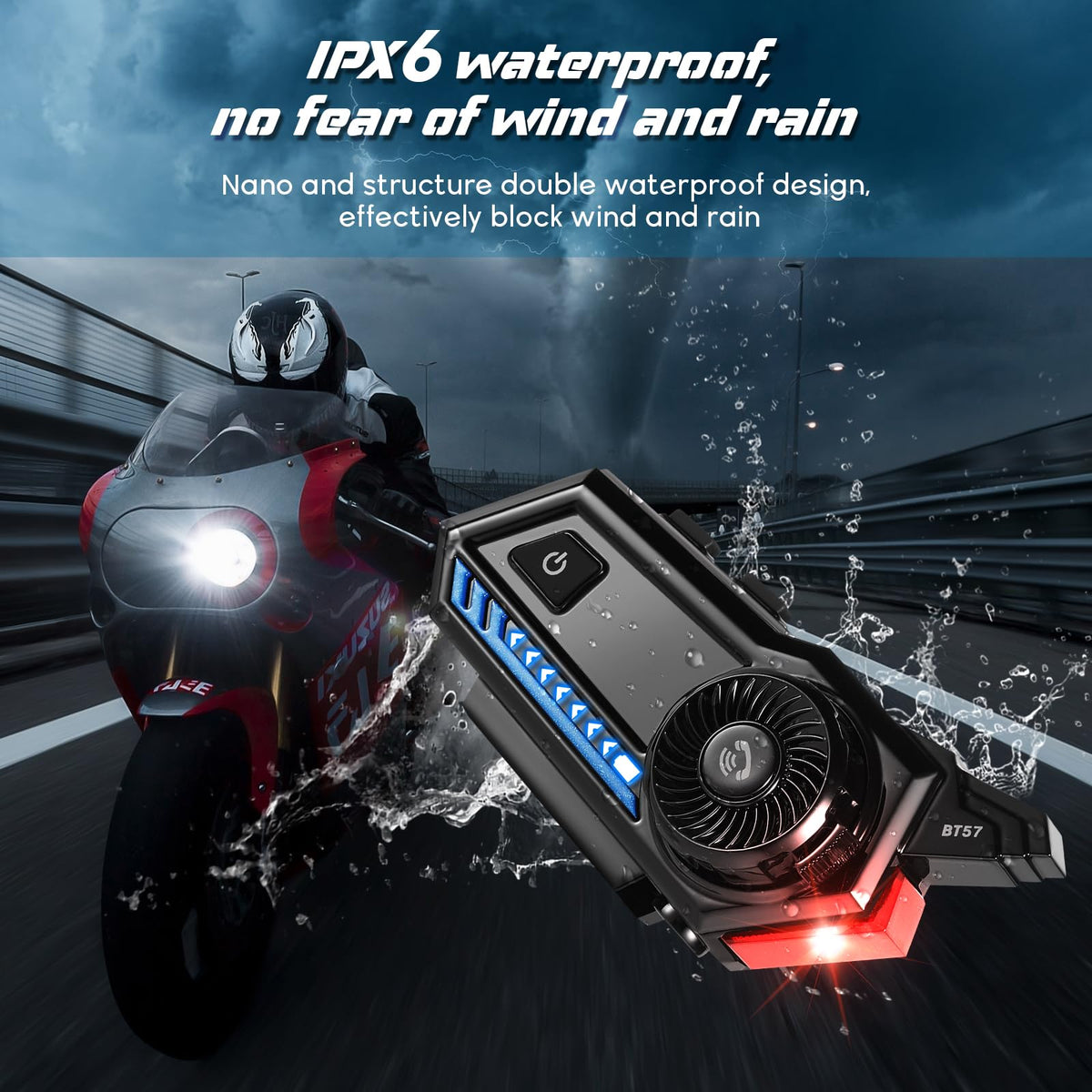 Casco de Motocicleta MAXTO Negro Bluetooth Inalámbrico con Luz Trasera y Auriculares de Alta Calidad