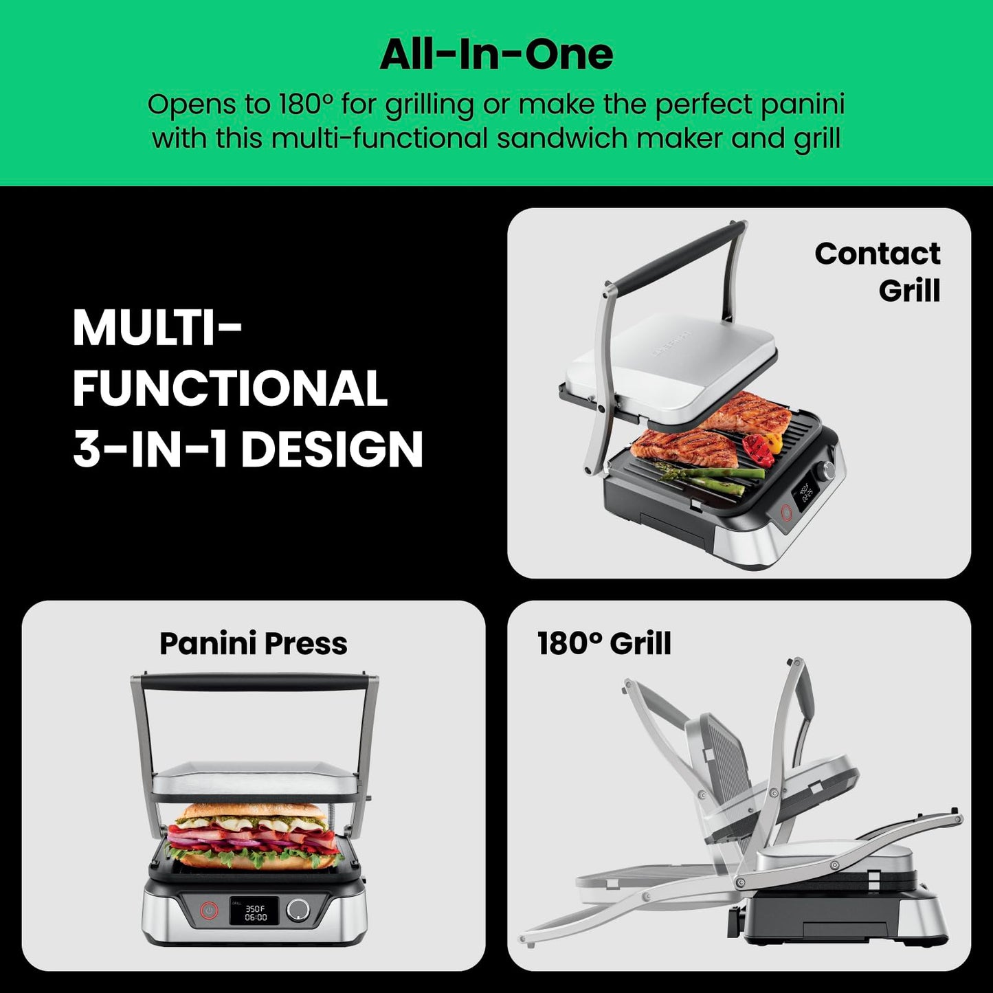 Parrilla Digital Panini Chefman Acero Inoxidable con Platos Reversibles Extraíbles, Abre 180° para Barbacoa y Parrilla Plana