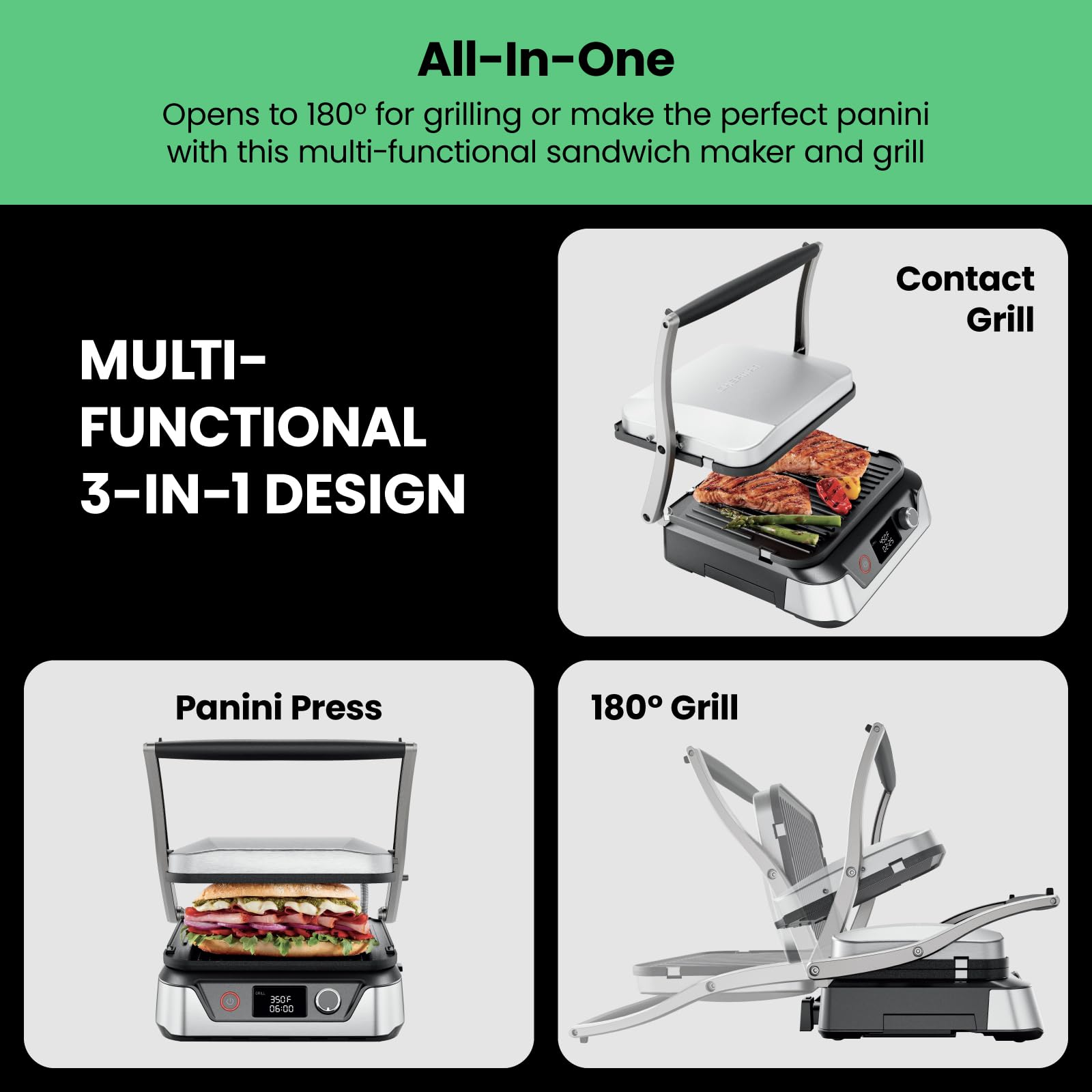 Parrilla Digital Panini Chefman Acero Inoxidable con Platos Reversibles Extraíbles, Abre 180° para Barbacoa y Parrilla Plana