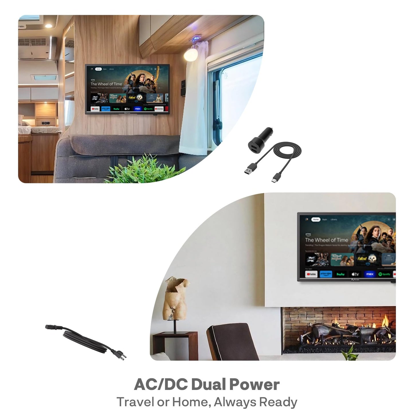 SYLVOX TV RV de 24 pulgadas, Smart TV de 12 voltios con Google OS, visualización de 178° de ancho, puertos HDMI/USB, alimentación CA/CC, protección de voltaje para uso en campistas, autocaravanas y RV